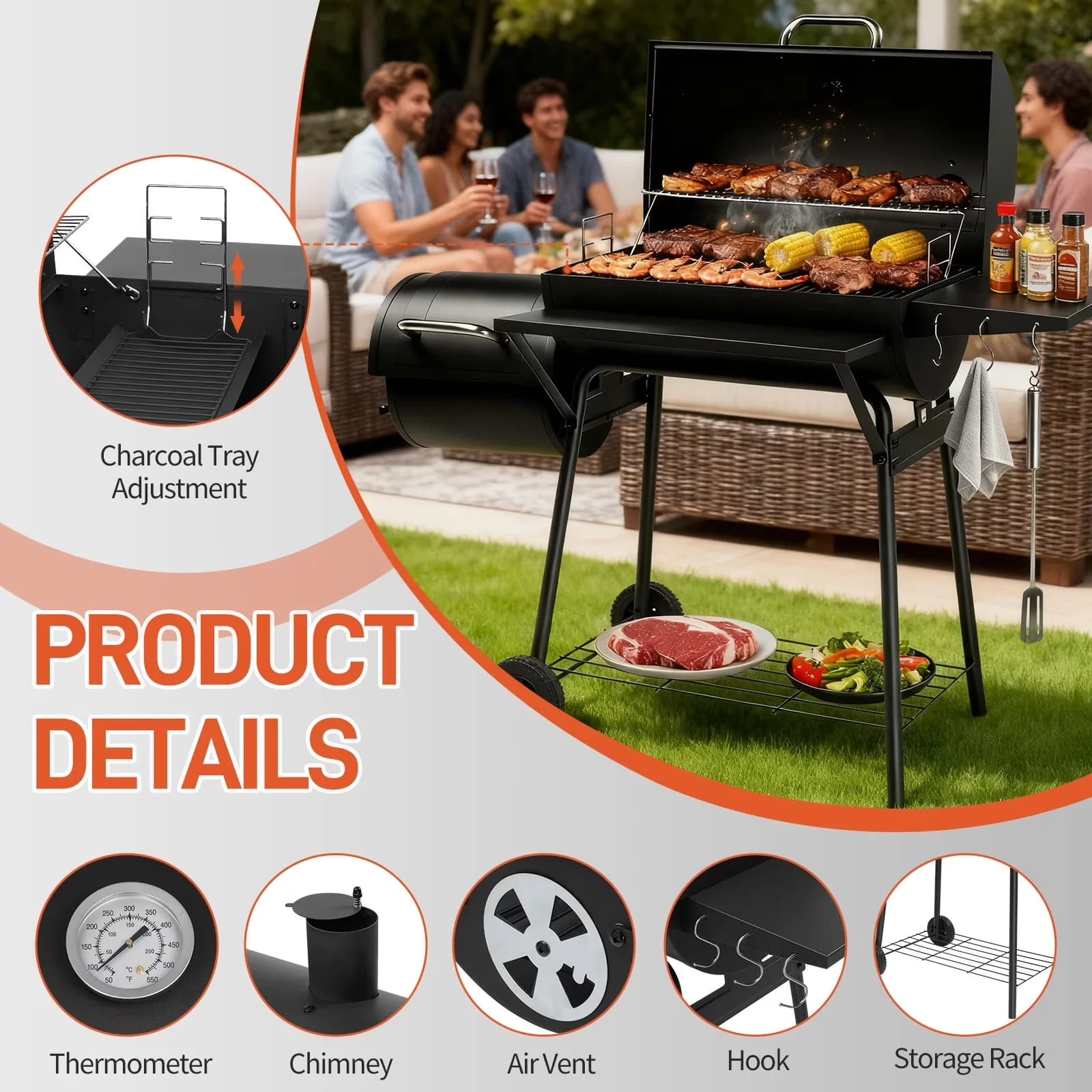 Durable Charcoal Grill with Warming Rack, Thermometer - Black Steel for Outdoor Model 64FFD3