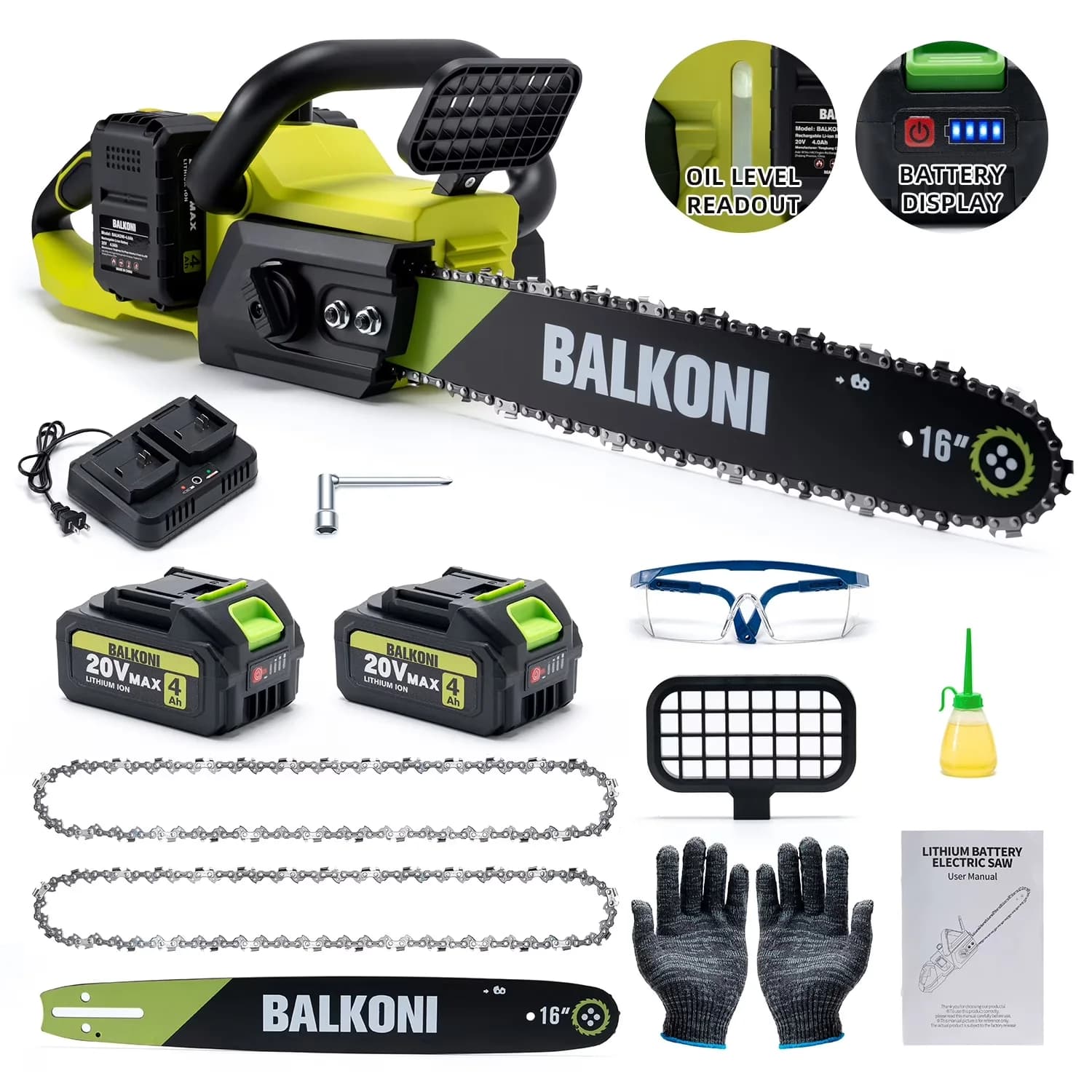 Chainsaw Compact with Battery, Automatic Chain Oiler, Tool-Less Chain Tensioning - Green Model 389F24