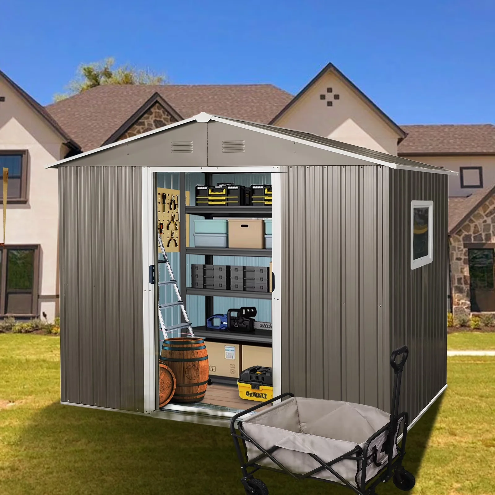 Classic Shed with Lockable Sliding Door Foundation - Metal Gray for Garden, Patio Model 74EA61