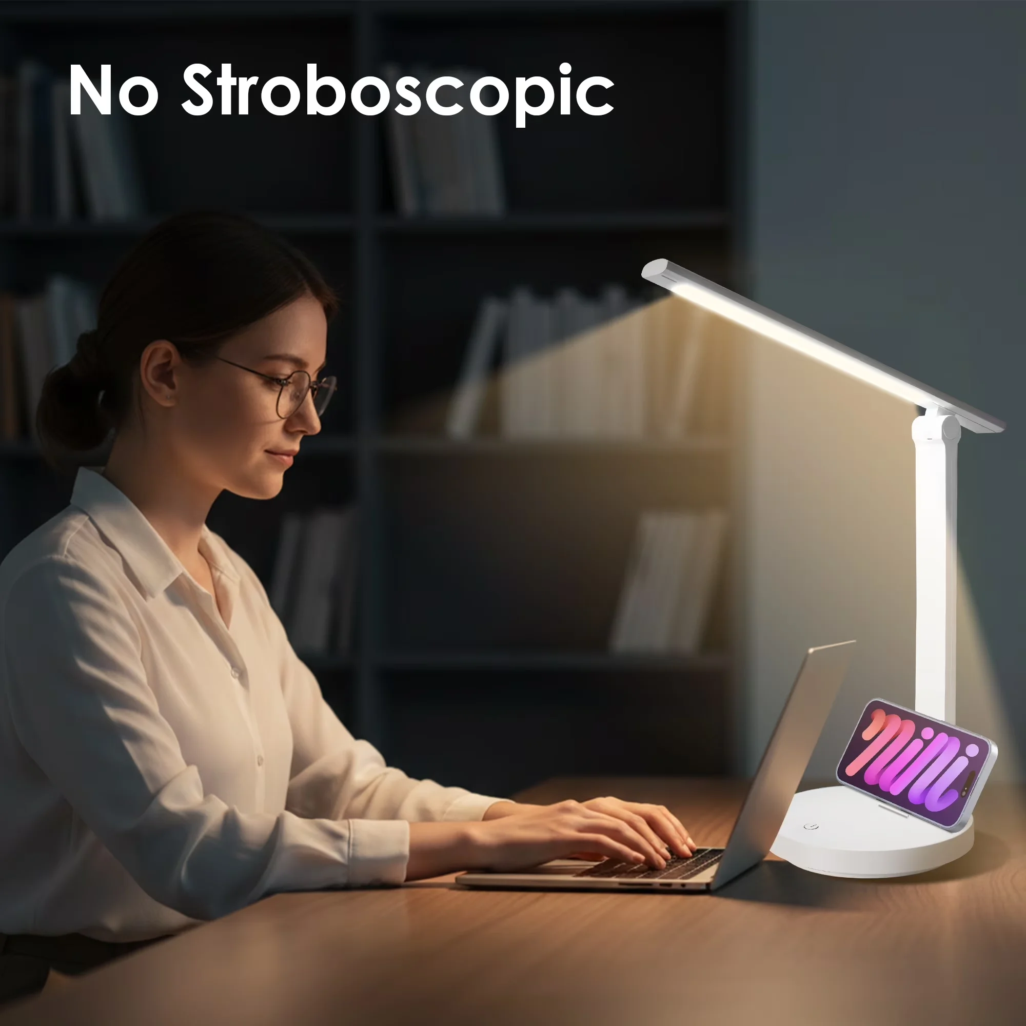 Modern Desk Lamp with LED, Dimmable, Rechargeable LED - White Plastic for Home, Office Model 729936