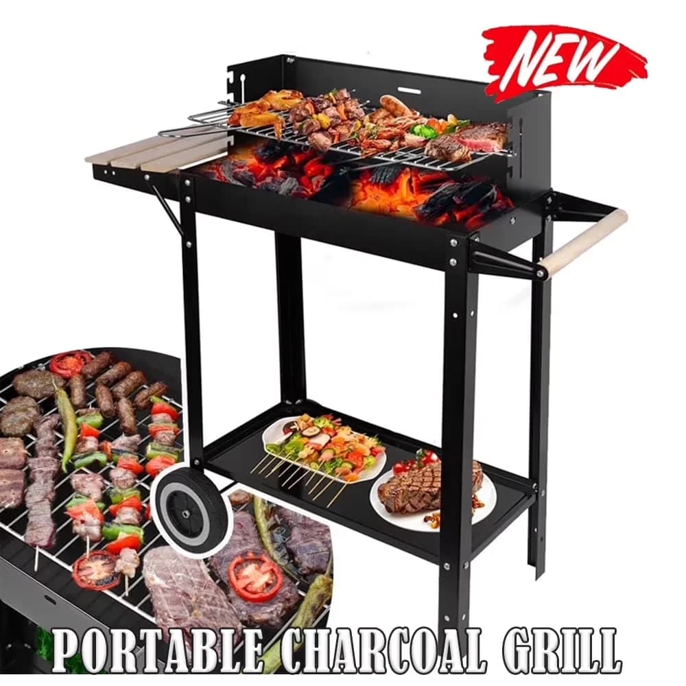 Modern Charcoal Grill with Portable, Heavy-Duty Roller Cart & Handles, Stainless Steel - Black Stainless Steel for Outdoor, Patio Model B0F481