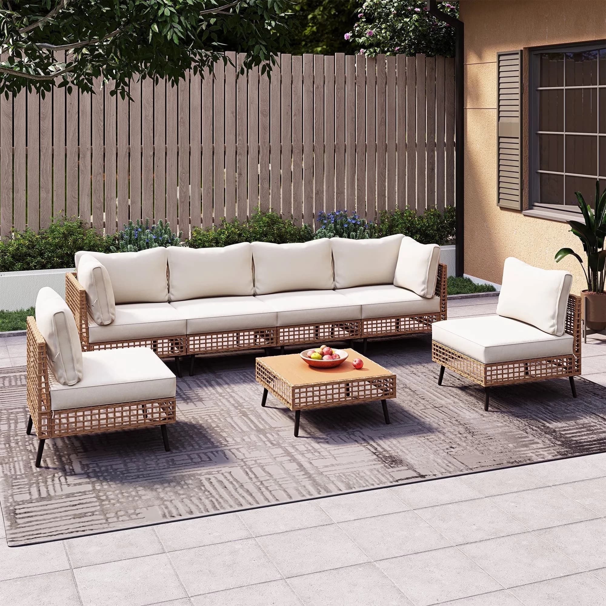 Sleek Patio Conversation Set with Sectional Sofa, Cushions, 7-Piece Outdoor Wicker Furniture - Pe Wicker, Polyester, Steel Beige Model E73895
