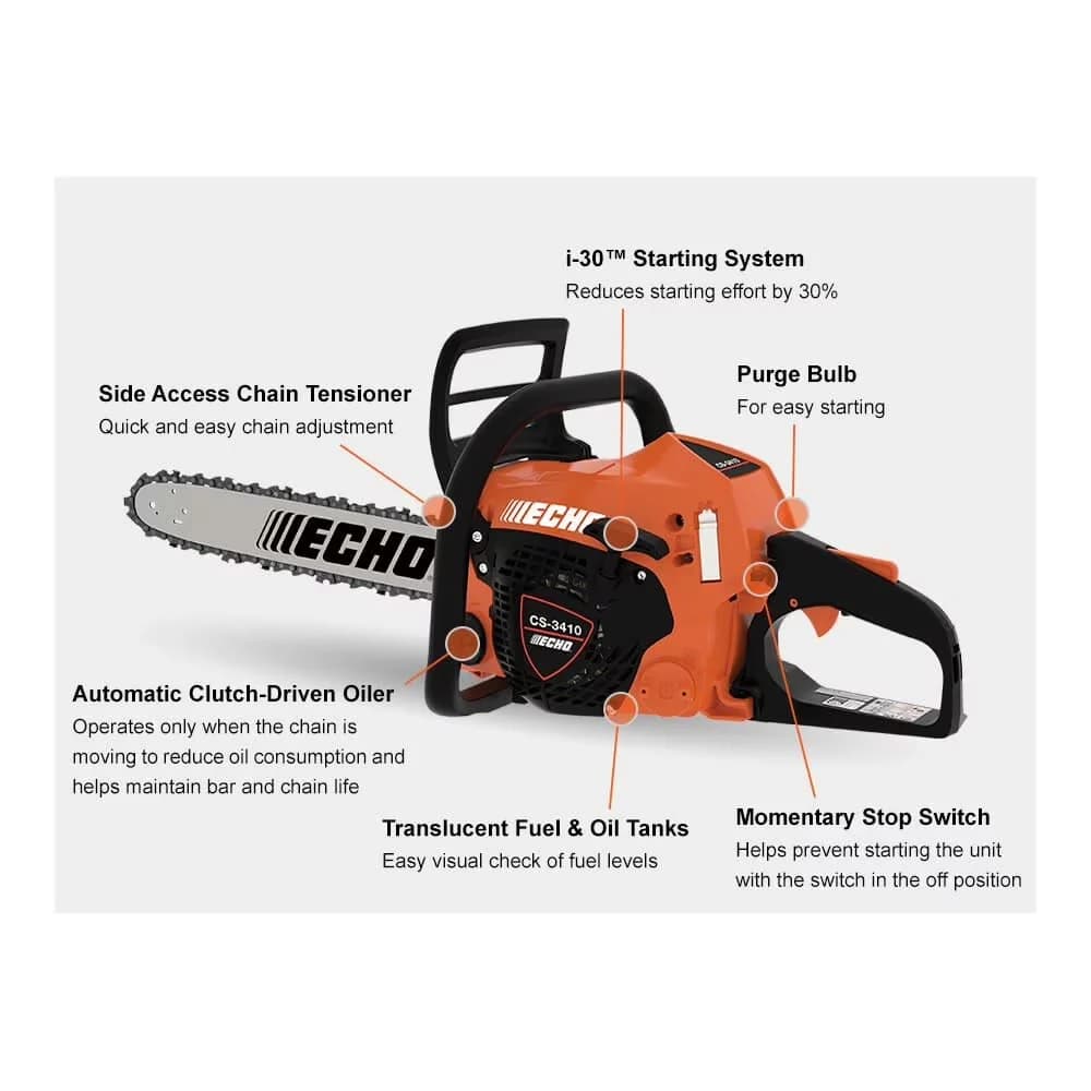Reliable Chainsaw with Automatic Chain Oiler, Automatic Oiler, CS-3410 14” 34.4cc 2-Cycle Gas - Model BFF2AA