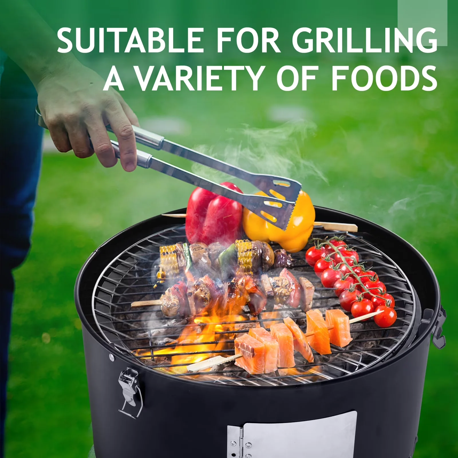 Smoker Durable with Removable Ash Catcher, Heat Thermometer, Adjustable Air Vents - Black Stainless Steel Model 604650