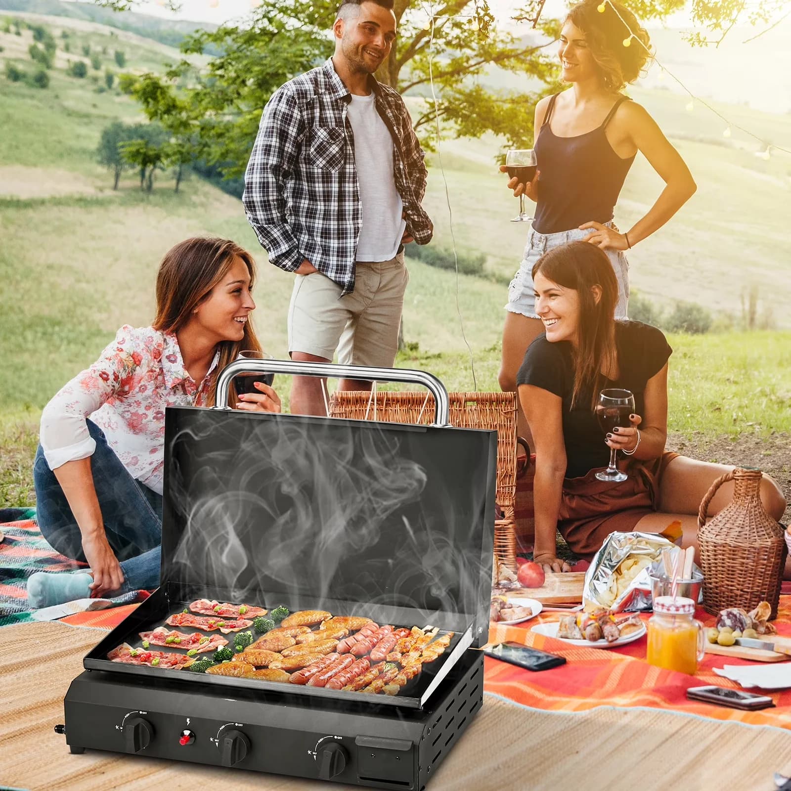 Sleek Flat Top Grill with 30000 BTU, Side Shelves & Spice Rack, 30000 BTU Foldable - Iron, Stainless Steel, Plastic Silver for Camping Model 600B41