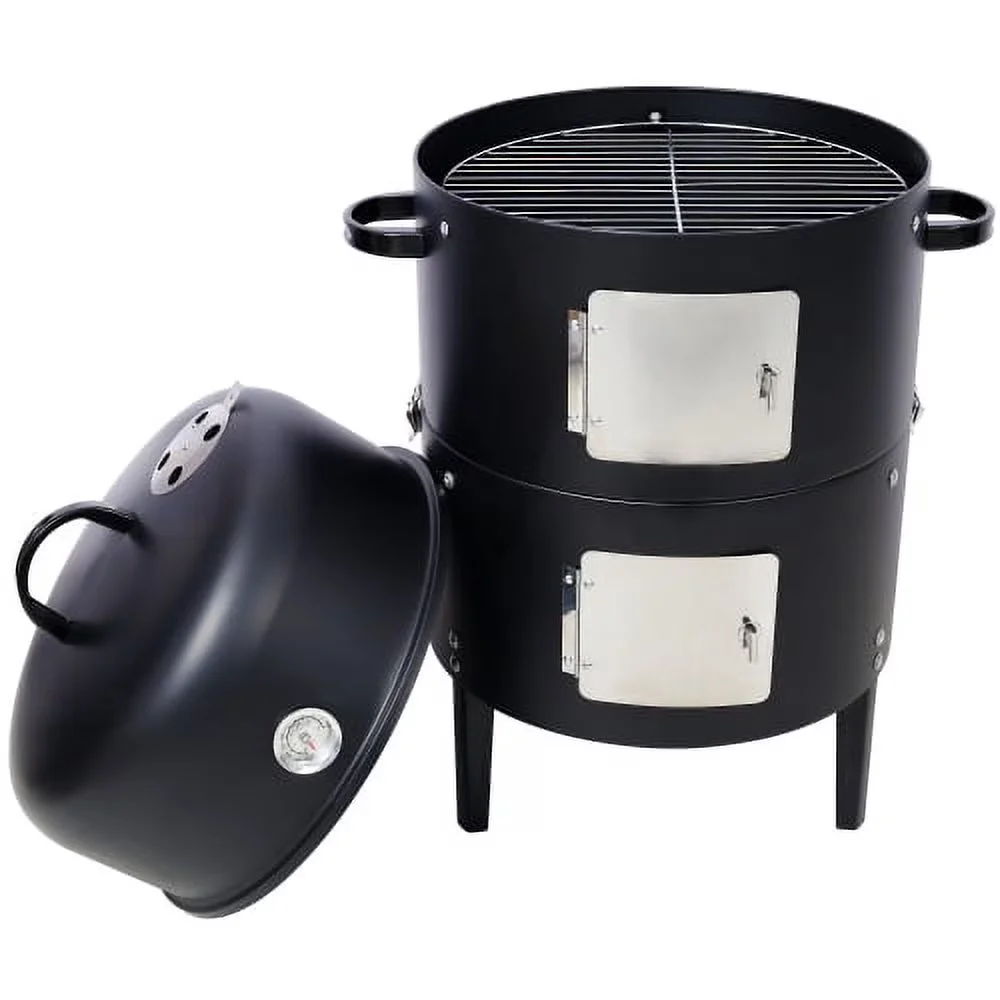 Essential Charcoal Grill with Thermometer, 17 Inch Steel Smoker, Built-in thermometer - Steel Black for Outdoor Model D53AAE
