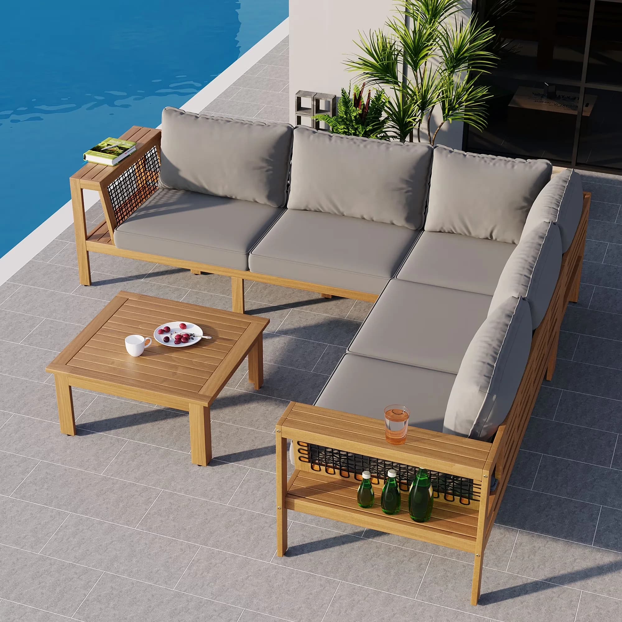 Outdoor Sofas Sectional Modern with Product Weight: 169.52 LBS, Side Table - Gray Acacia Wood,Polyester Model E67FD2