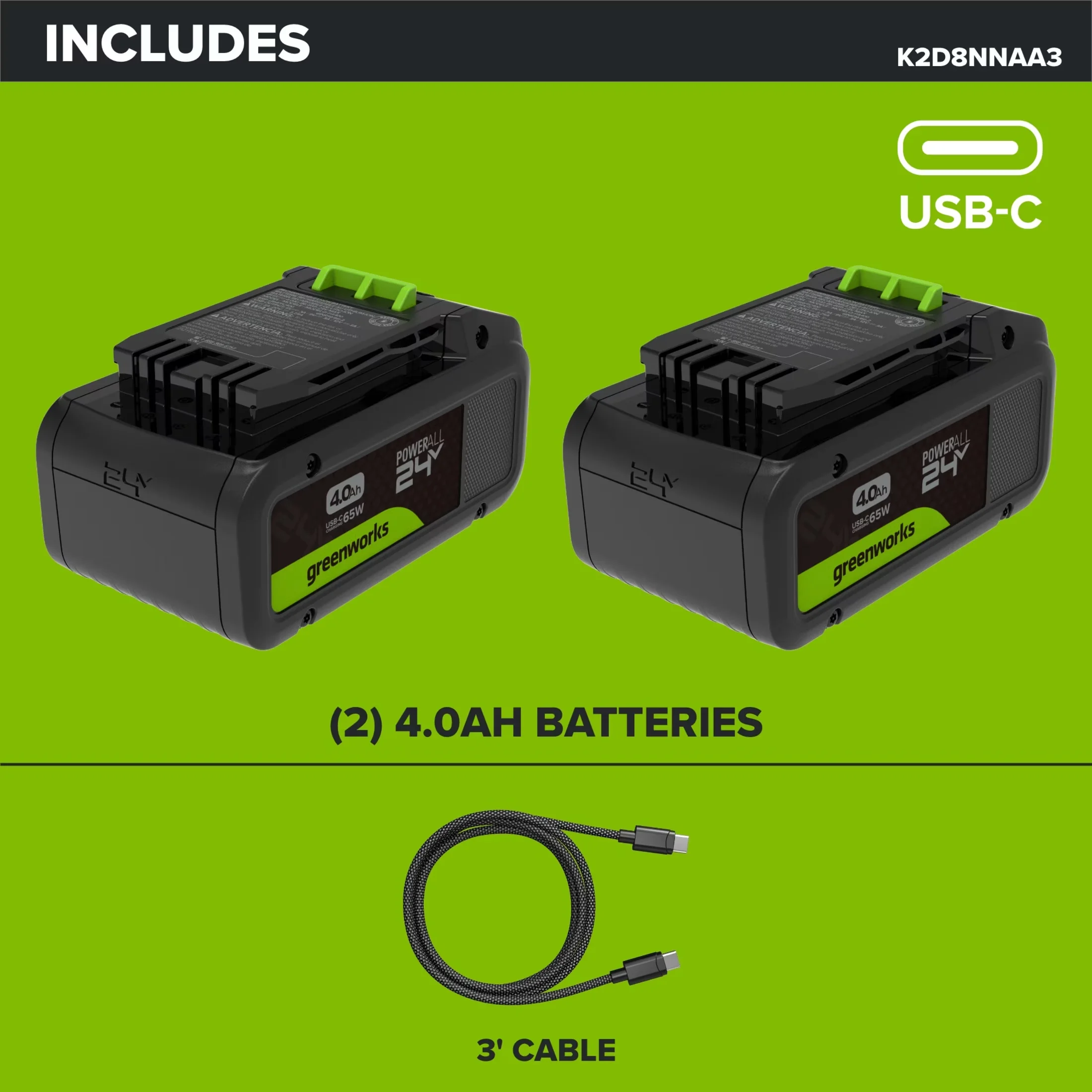 Durable Power Tool with 24V, (2) 4.0Ah Battery and Cable - Modern Design Model B7E247