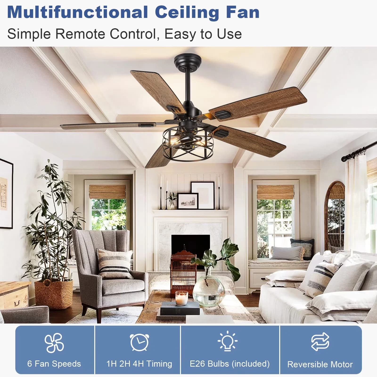 Modern Ceiling Fan with LED, Dimmable, 52-Inch Caged Fans - Black - Essential Collection Model F09479