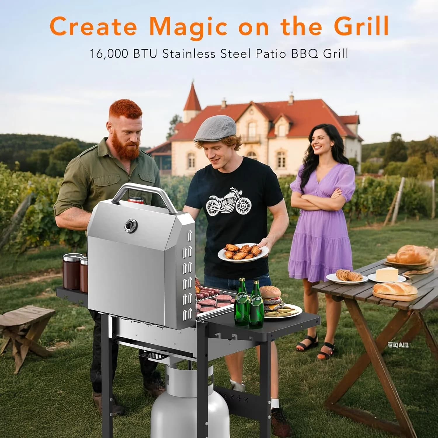 Gas Grill Versatile with 16000 BTU, Portable, Grease Pan - Steel Silver for Patio, Outdoor Model D19BA4