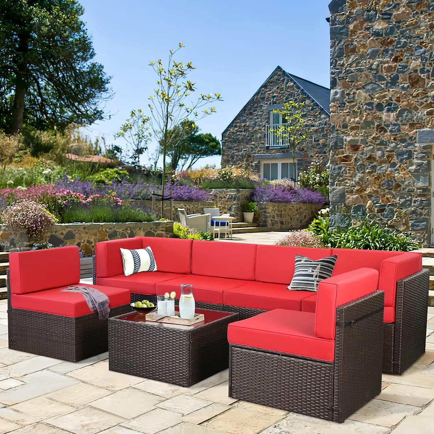 Premium Outdoor Sofas Sectional with Weather-Resistant, Red and Black Red Steel - Black Steel, Pe Rattan, Polyester, Foam Model 96BADE