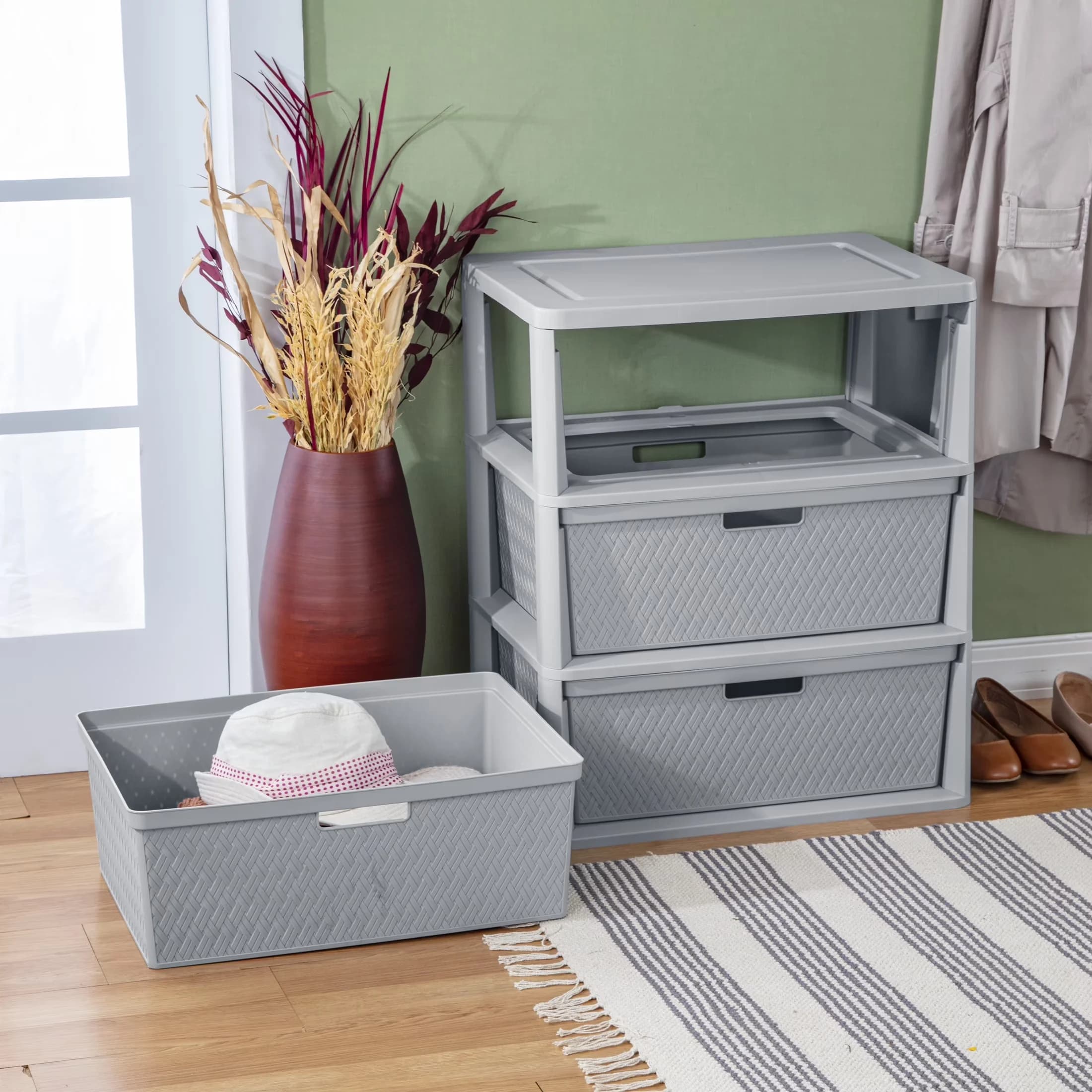 Garage Storage Supply Modern with Carrying Handles, Plastic Organizer, Wide 3 Drawer Tower - Gray Plastic Model 0F647B
