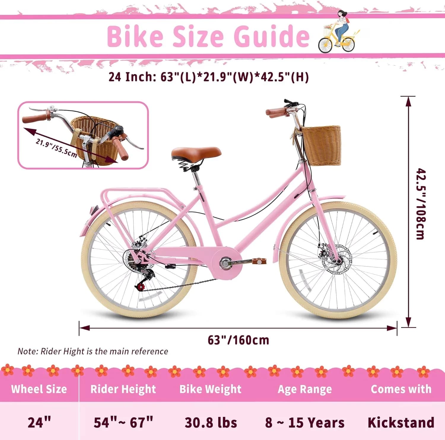 Stylish Cruiser Bike with Adjustable Seat Height, Kids, 24 Inch Girls - Pink Model 626E93