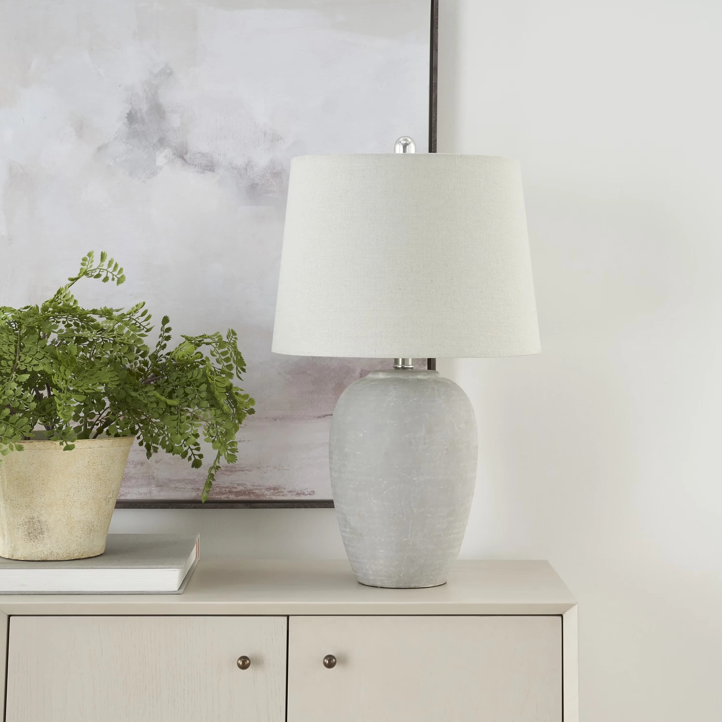 Table Lamp Essential with LED, Standard Lamps, 23" Grey Unglazed Ceramic Rustic Urn - Cement Gray Model D28A9C