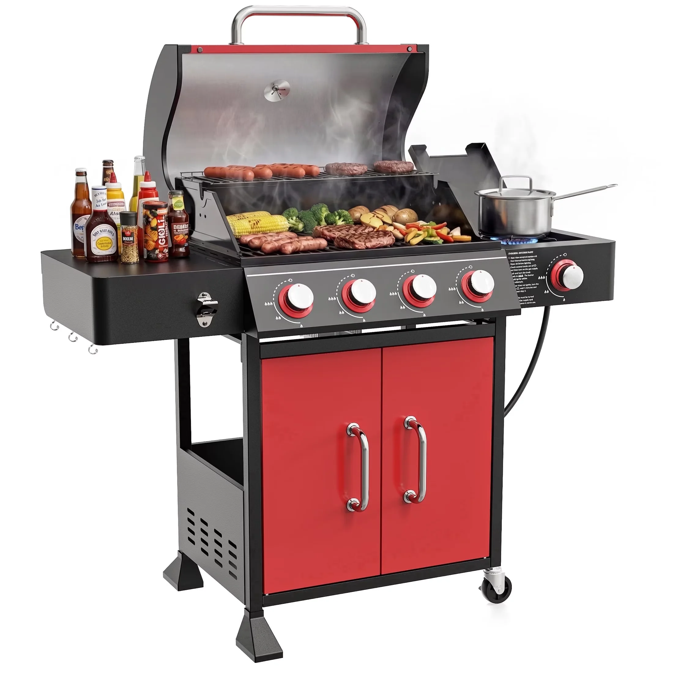 Durable Gas Grill with 51000 BTU, Rust Resistant, Enclosed Cabinet - Red Porcelain-Coated Steel, Cast Iron, Stainless Steel Model C04D39