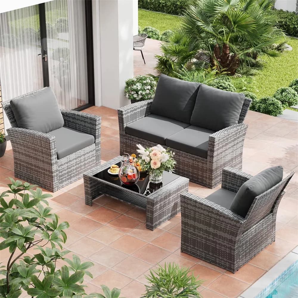 Patio Conversation Set Stylish with Weatherproof, Cushion, Outdoor Furniture - Gray Pe Rattan+Iron+Waterproof Fabric for Garden Model 07C68F