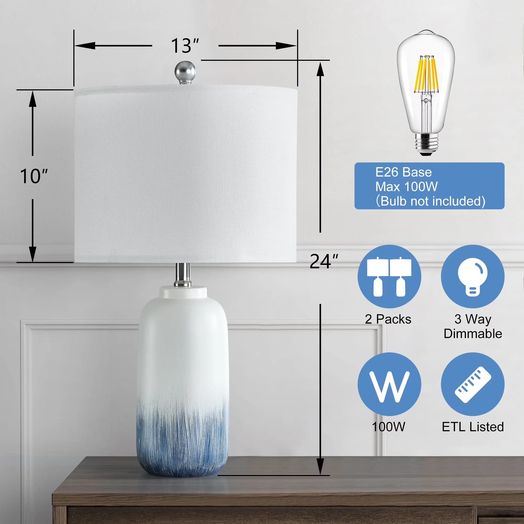 Modern Lamp Set with Incandescent, Coastal, Dimmable - Ceramic Blue, White Model 23B5CC