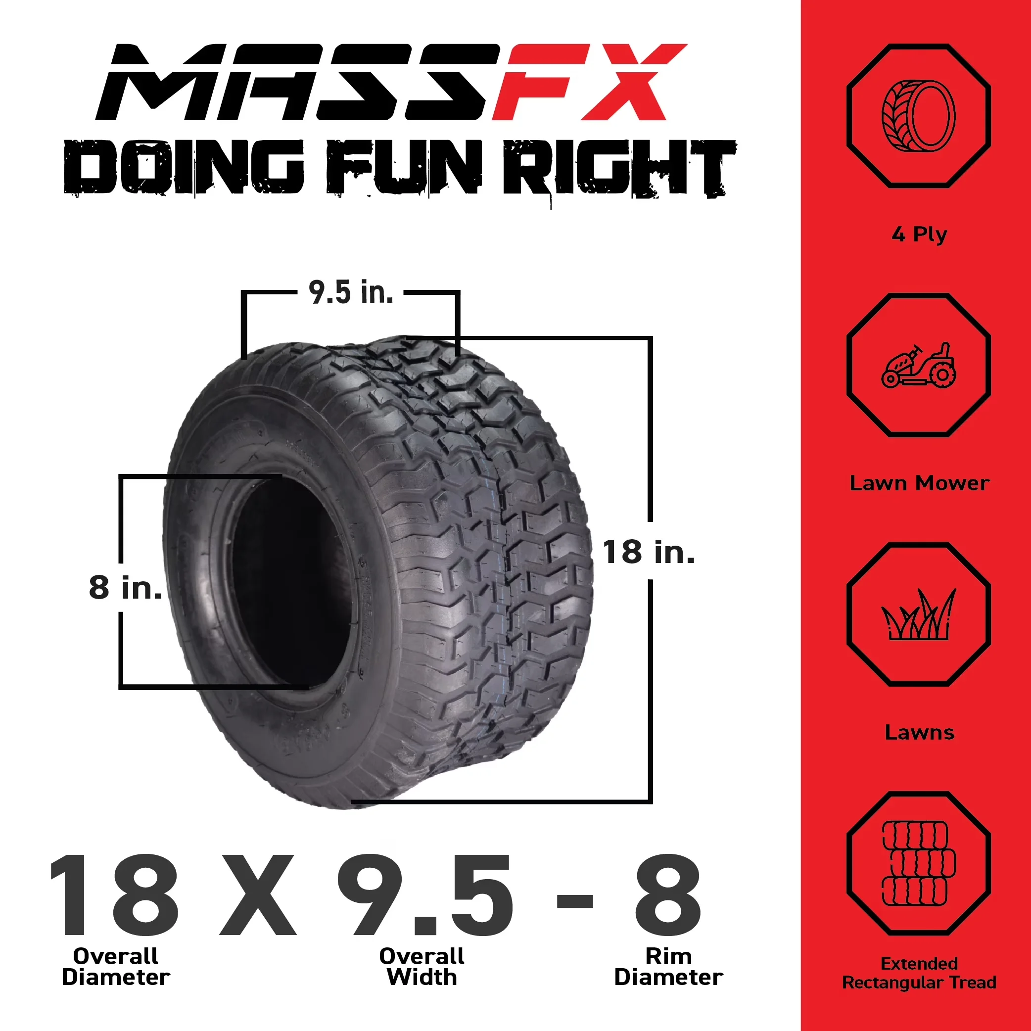 Durable Lawn Mower Tire with Durable Construction, 18x9.50-8 front or rear Turf - Model E6B432