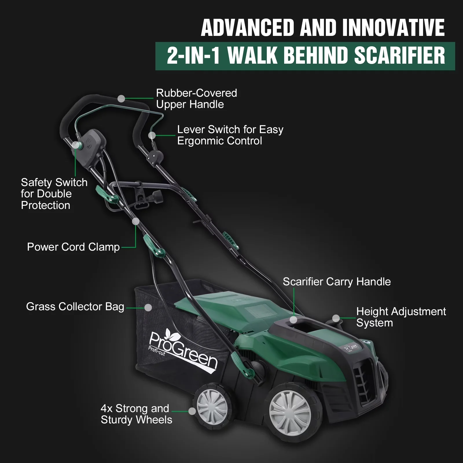 Efficient Push Mower with Adjustable Handle Bar, Adjustable Cutting Height, 2-in-1 - Green Model 865AAA
