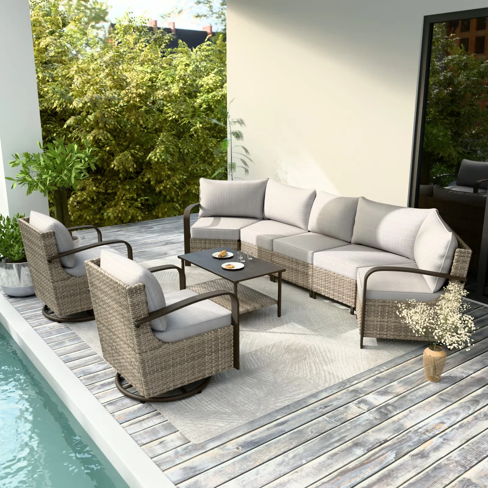 Innovative Patio Conversation Set with Blue, Rocking Chairs and Coffe Table - Beige Polyethylene, Rattan, Wicker Model 44168D