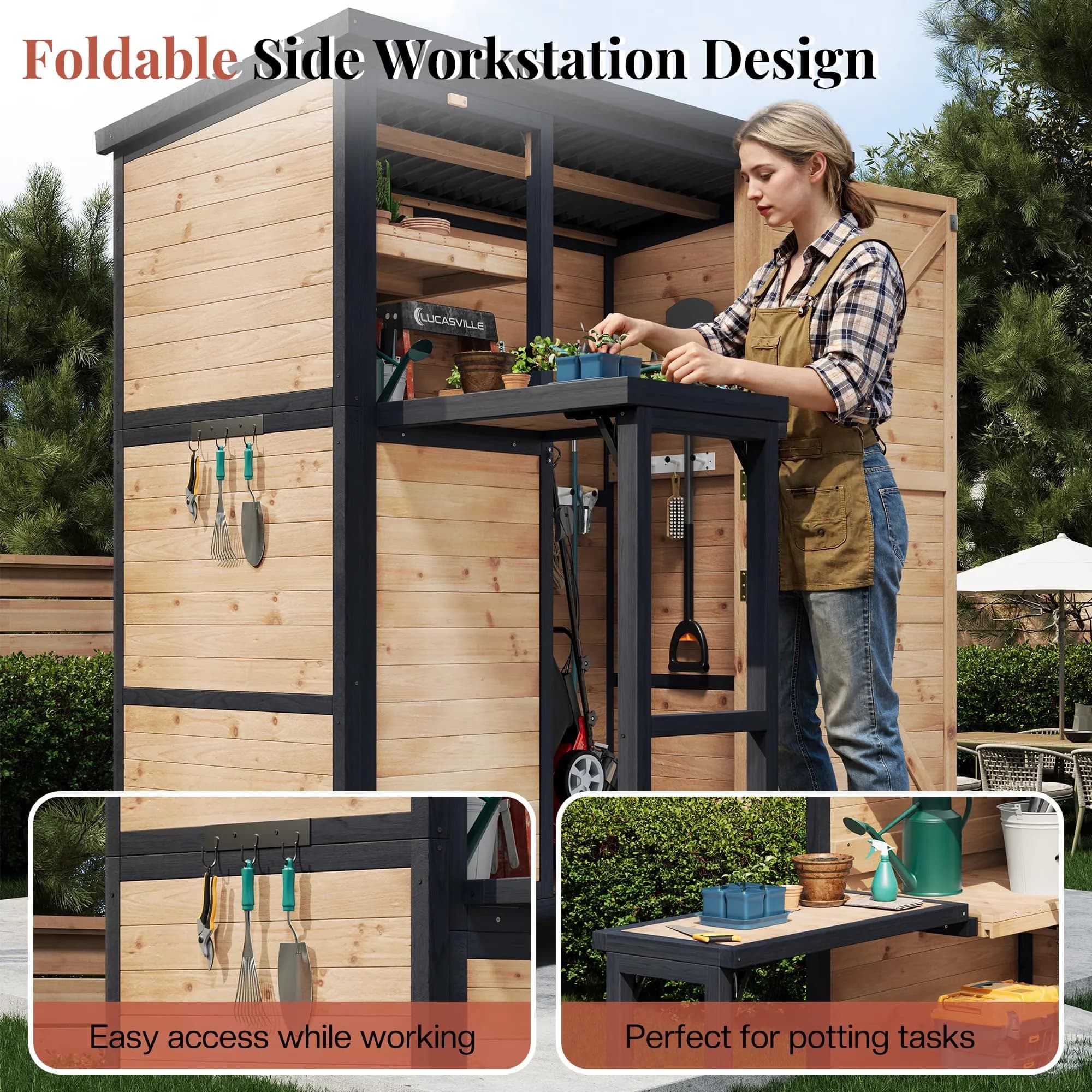 Shed Versatile with Paintable, Solid Fir Wood Outdoor Storage, Foldable Workbench - Brown Metal, Wood Model 9E7F0D