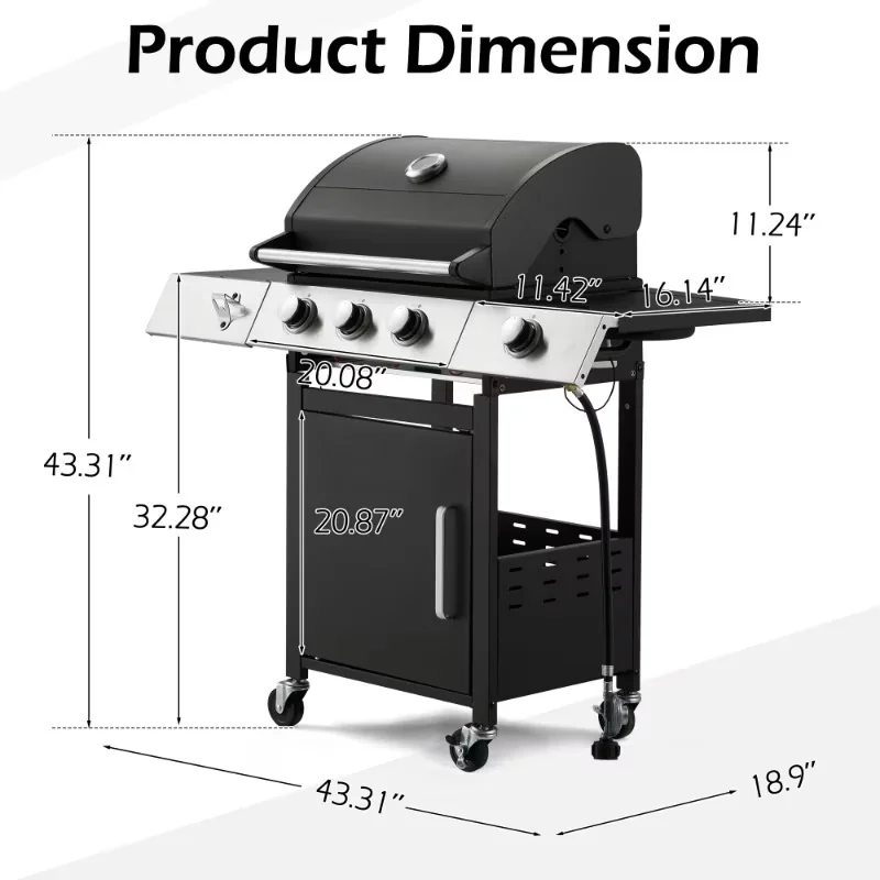 Gas Grill Professional with 000 BTU, Enclosed Cabinet - Black Stainless Steel for Outdoor Model 55AD1F