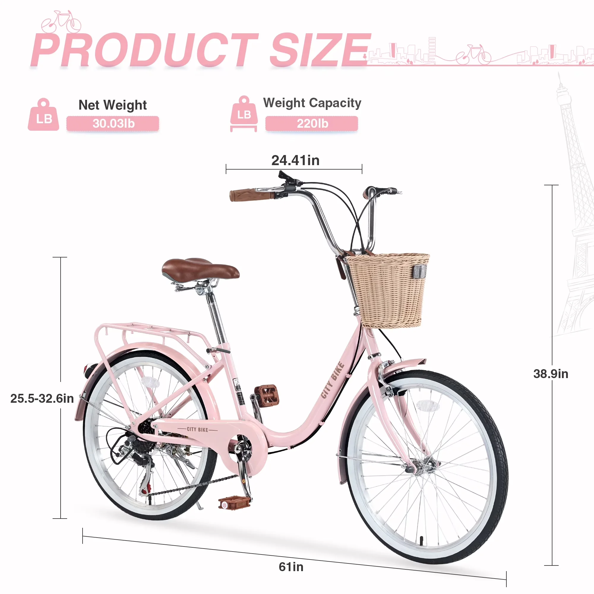 Compact Cruiser Bike with Adjustable Speed, 22" Womens, Basket - Pink - Premium Collection Model 7E147A
