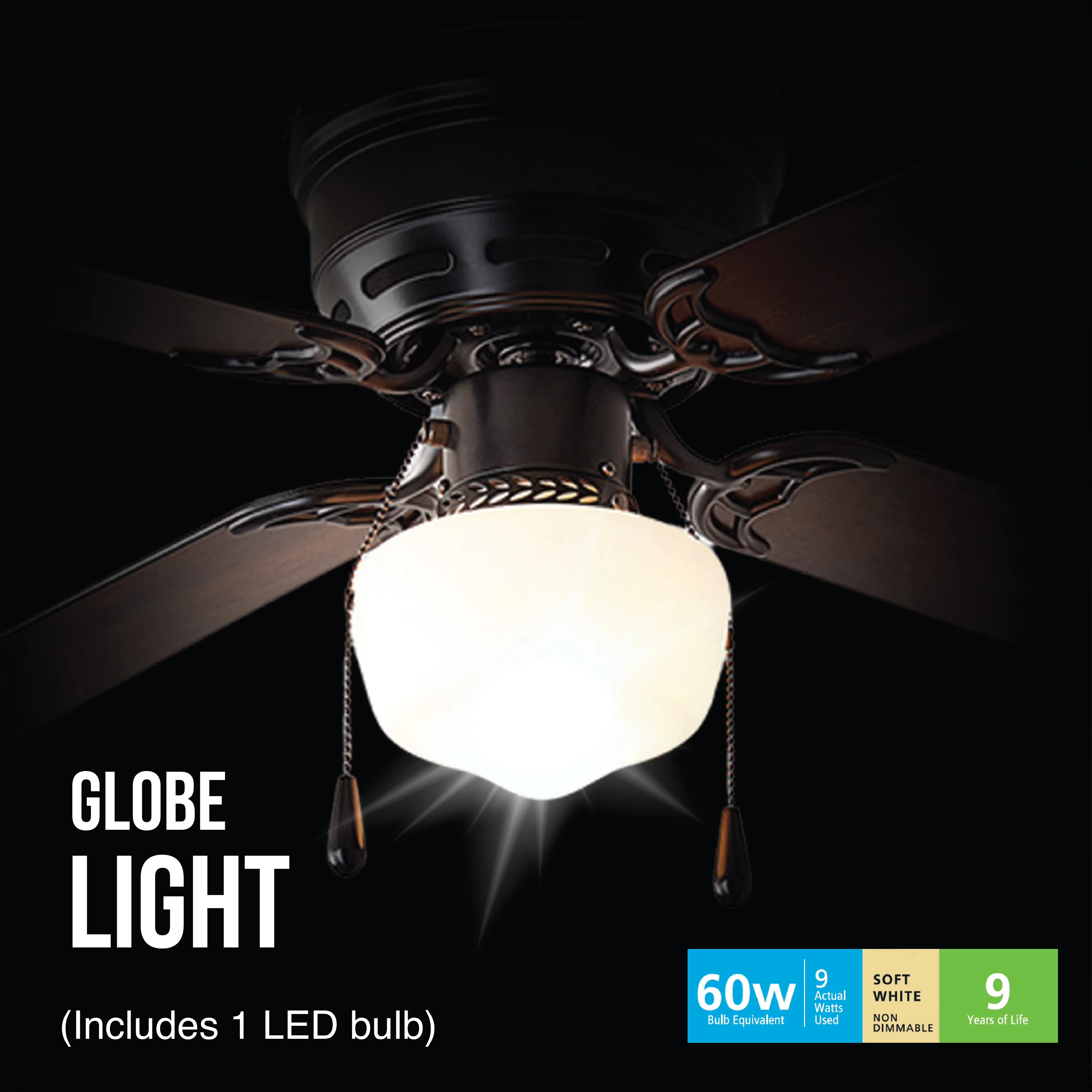 Efficient Ceiling Fan with LED, Reverse Airflow, 42 Inch Hugger Indoor - Black Glass Model 6D0007