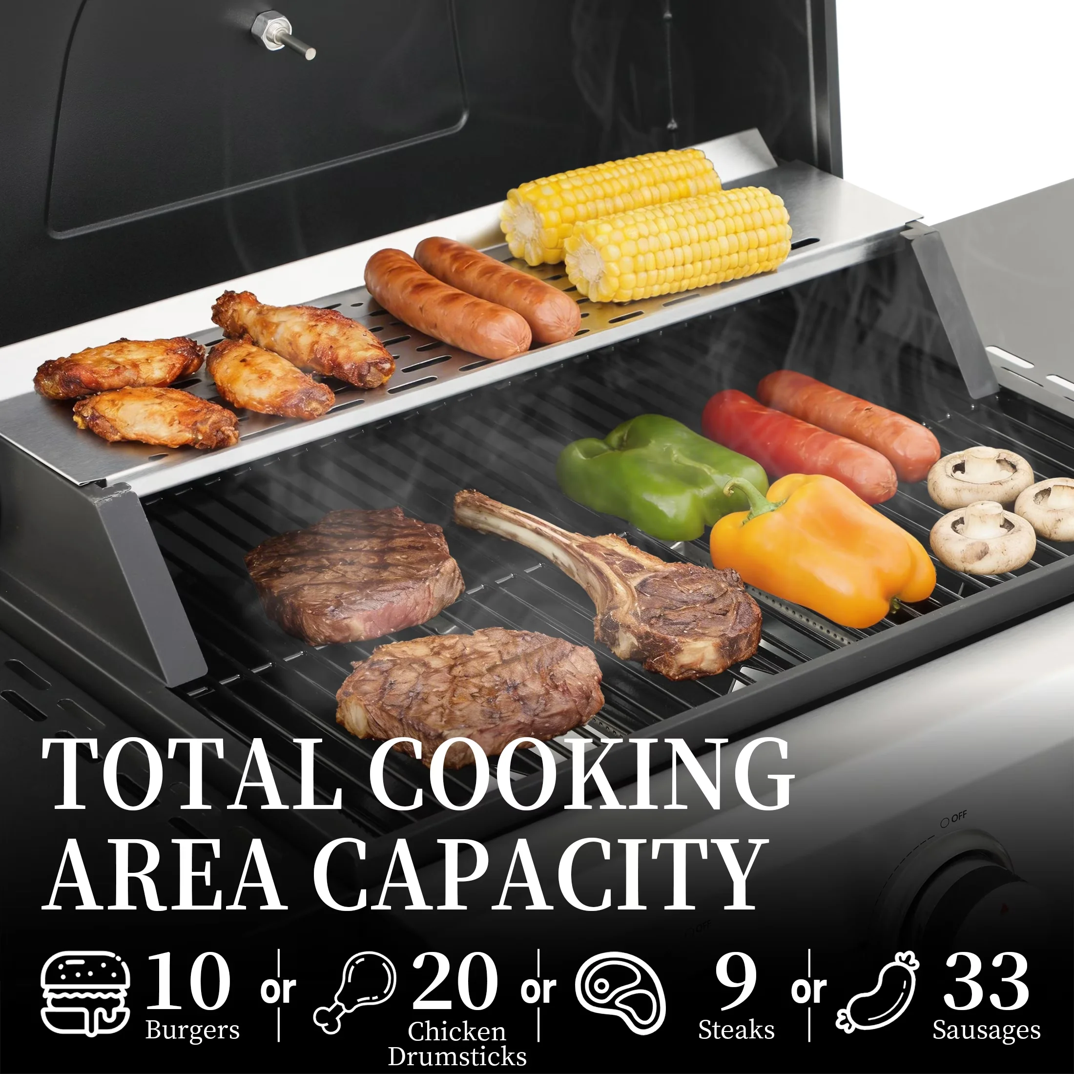 Modern Gas Grill with Tool Holder, Rust Resistant - Silver Stainless Steel, Powder-Coated Steel Model 0514EF