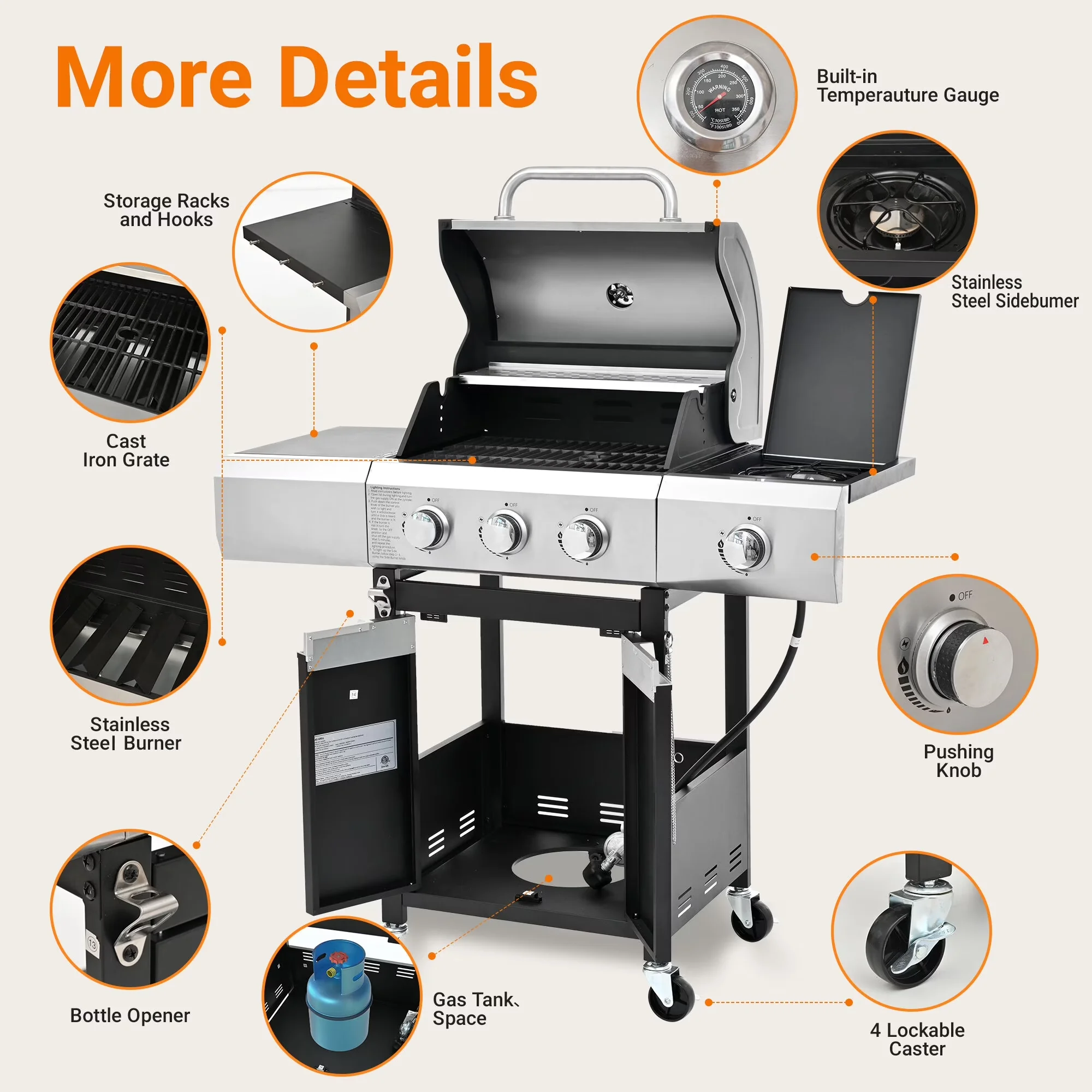 Professional Gas Grill with Warming Rack, Grill Tools, - Silver Stainless Steel for Outdoor, Camping Model 1DCE9C