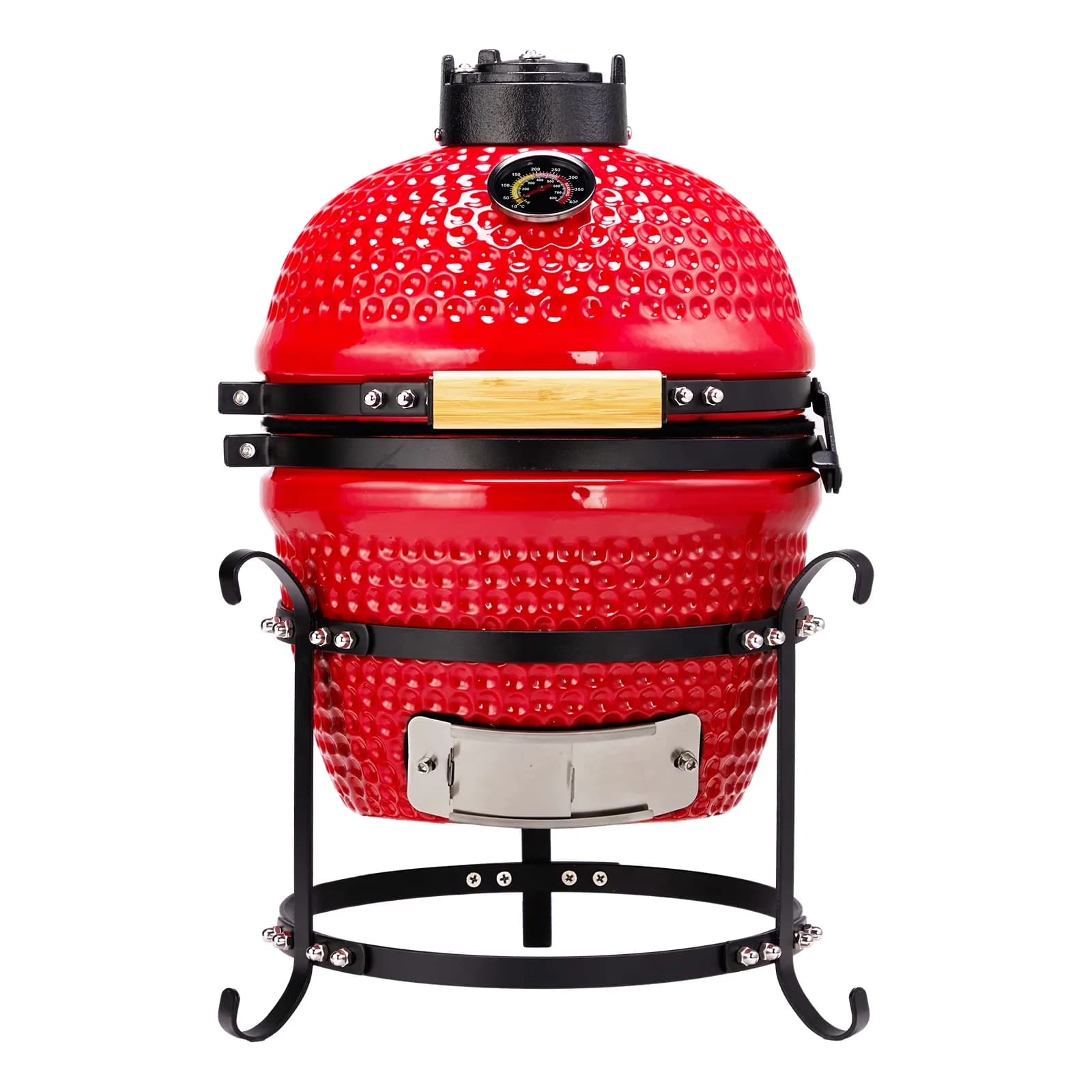 Smoker Premium with Heat Thermometer, 13in Round Ceramic Charcoal Grill - Ceramic Body, Cast Iron Lid, Iron Stand And Hardware Red Model B3EF71