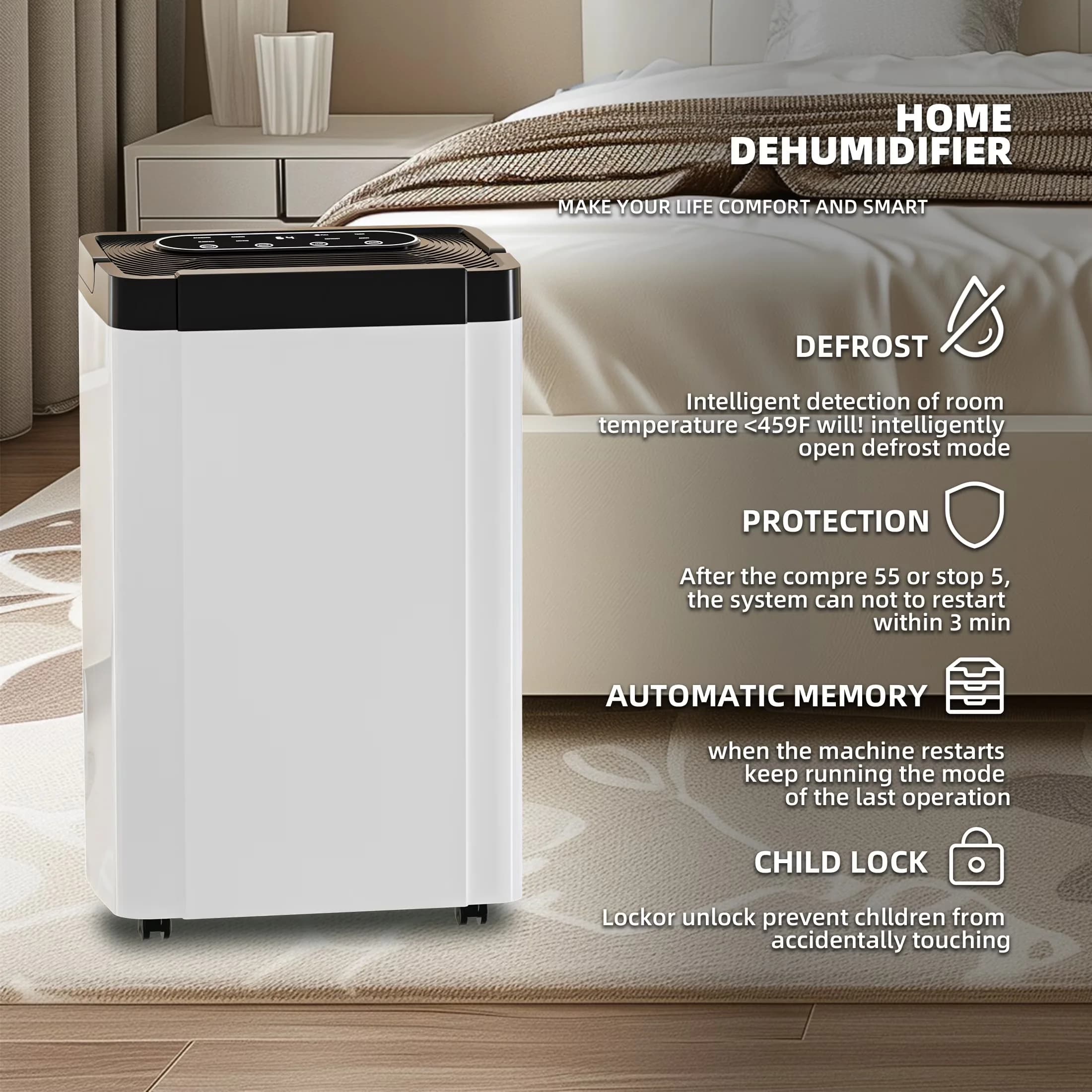 Dehumidifier Sleek with Bucket Full Indicator, Automatic Defrost Control, Energy Efficient - White for Home Model 834D2F
