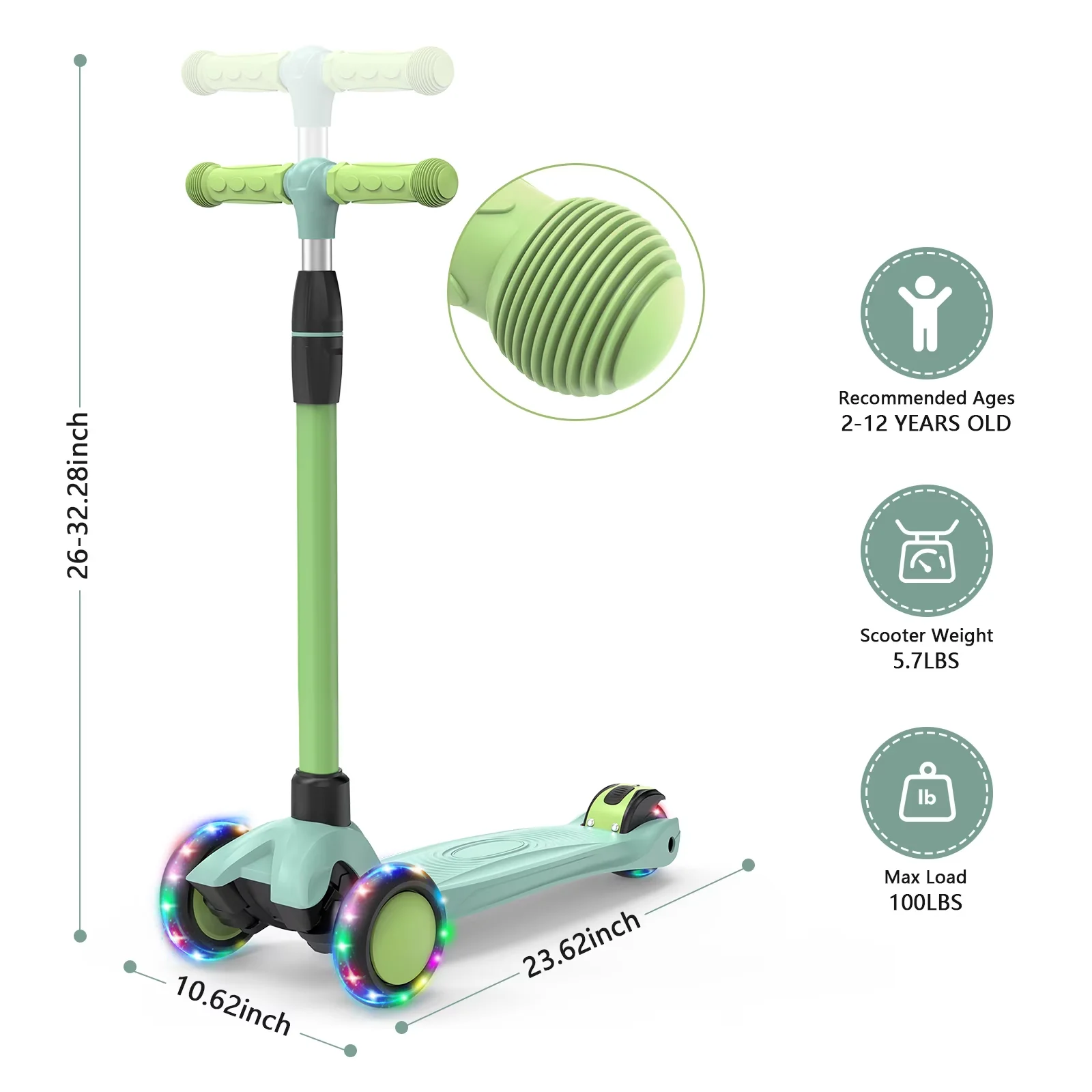 Essential Scooter with LED, Material: Aluminum Metal, PP, Lean-to-Steer & Widen Anti-Slip Deck - Green Aluminum Metal,Pp Model 35E323