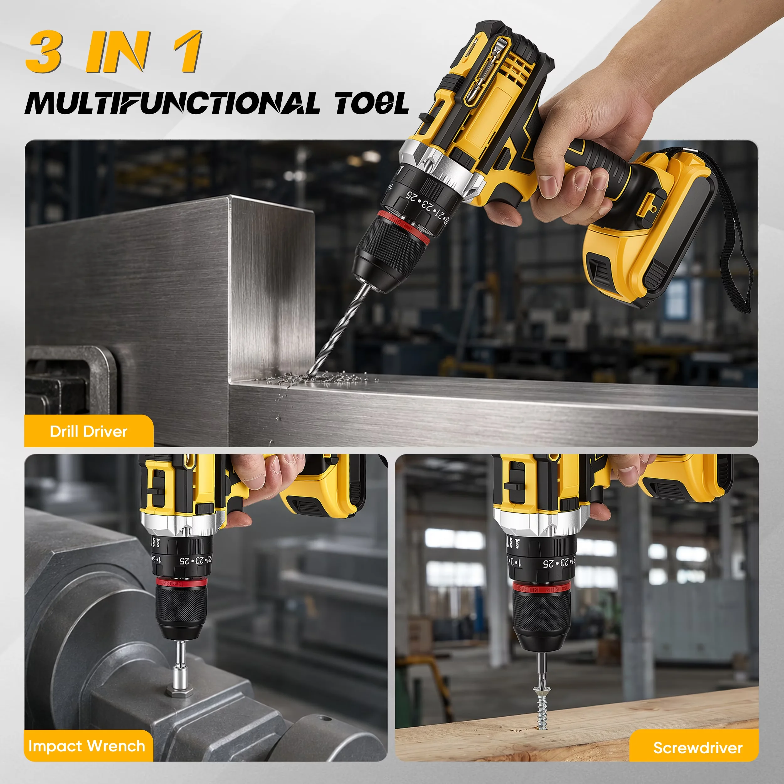 Versatile Drills Driver with Battery, 21V, 118 Piece Household Tool Kit - Yellow for Home Model BC364D