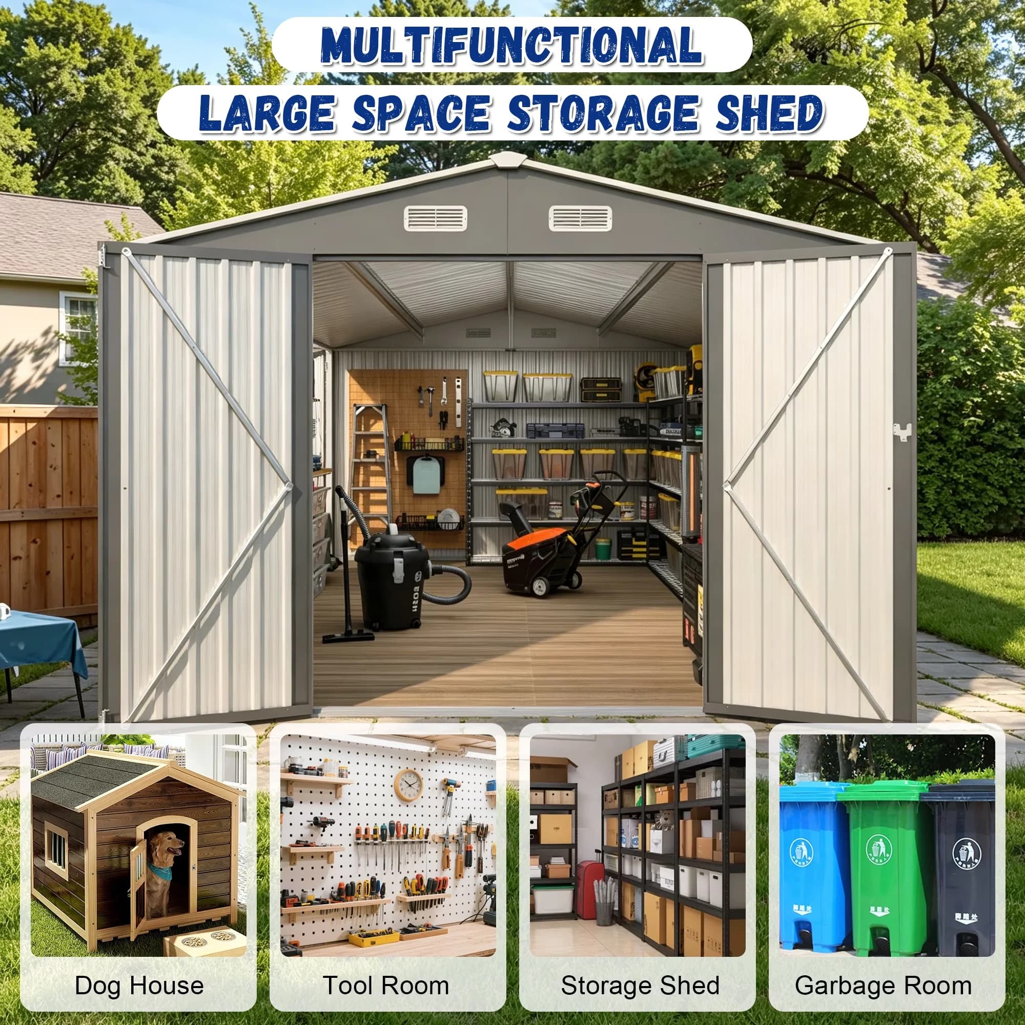 Compact Shed with Rot Resistant, Lockable Door, 10x14FT Metal Outdoor Storage - Gray Metal Model 0FF460