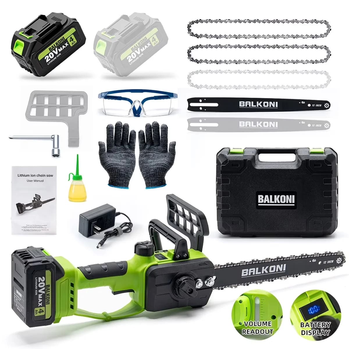 Stylish Chainsaw with Battery, Tool-Less Chain Tensioning, Automatic Chain Oiler - Green Model E771D1