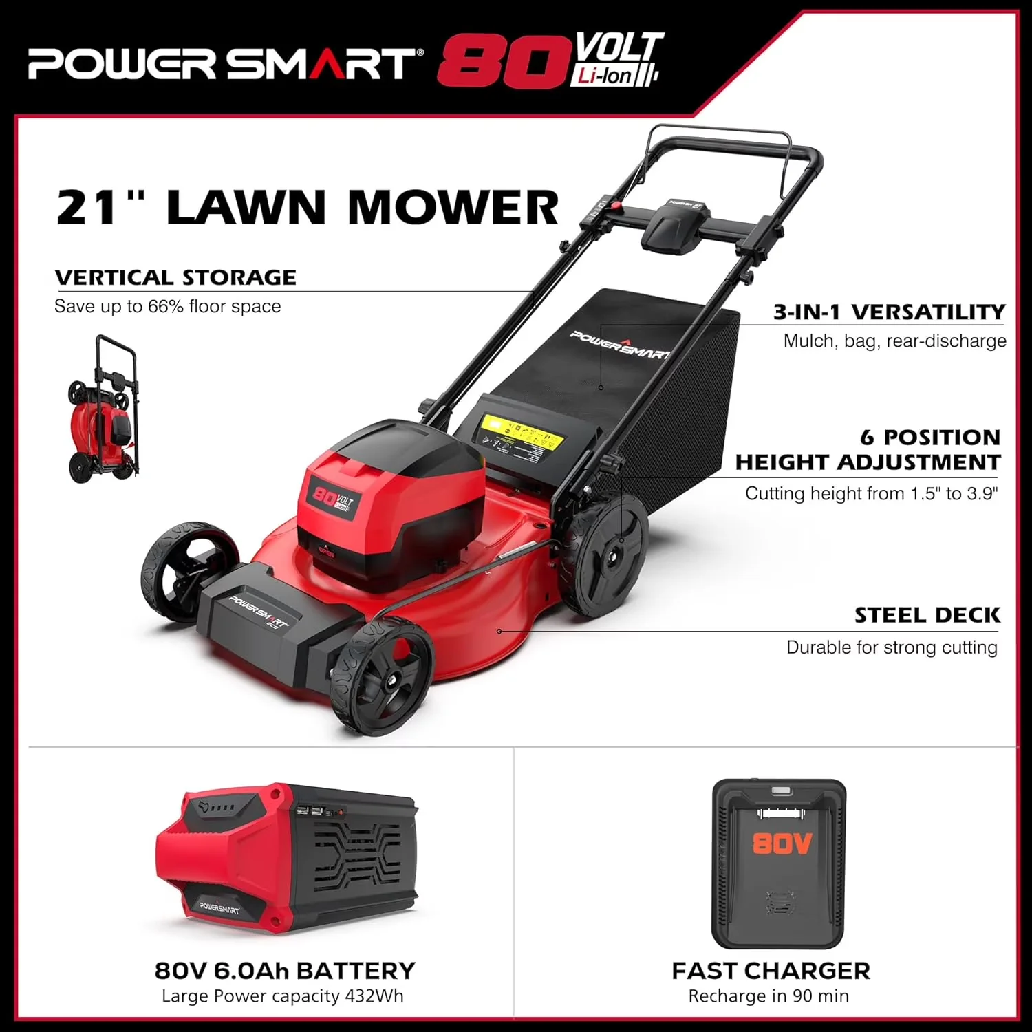 Stylish Push Mower with Battery, 80V, Adjustable Cutting Height - Durable Build Model 3ED4D2