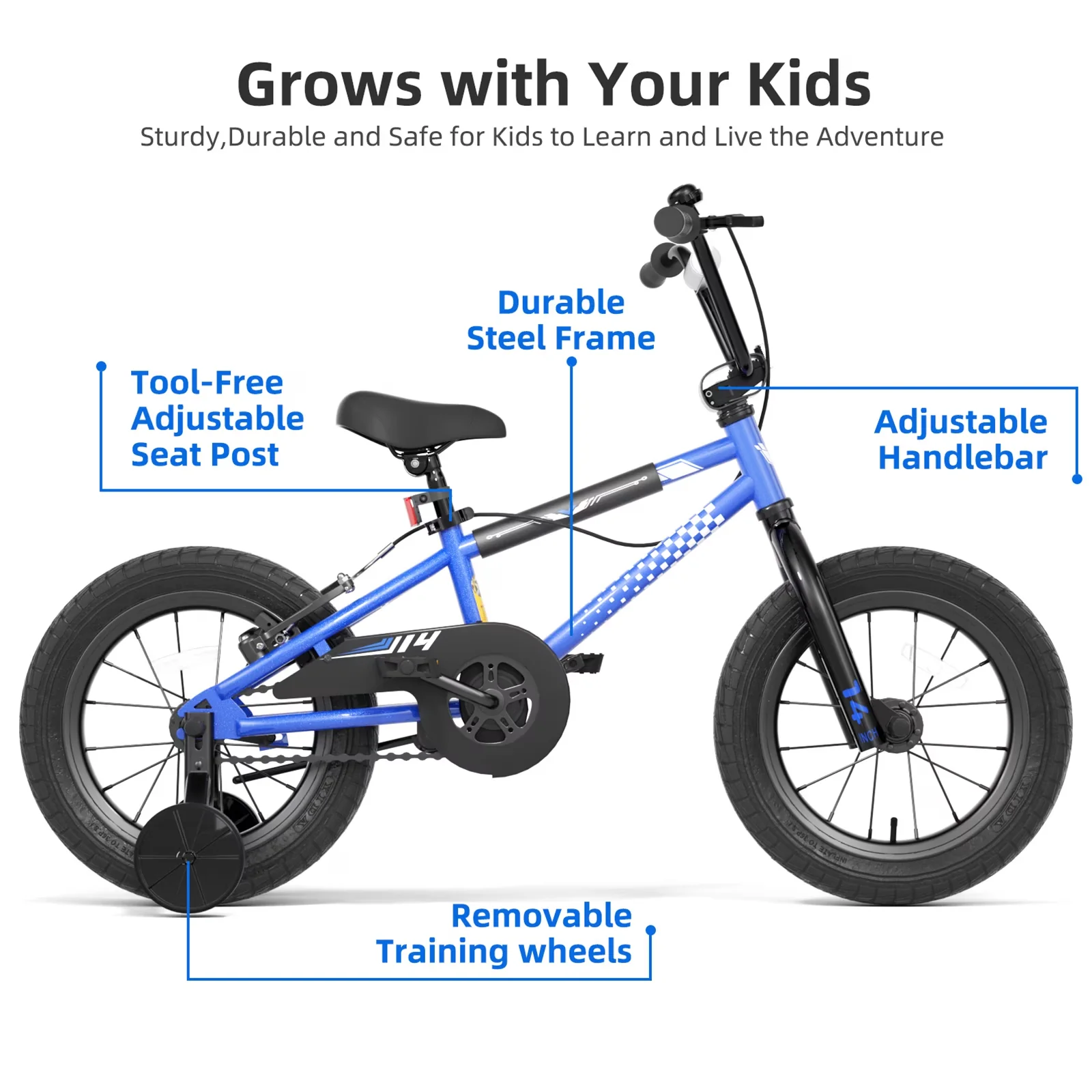 Versatile Kids Bike with Adjustable Height, BMX Style - Blue 2-8 - Low Maintenance Model A4DA2A
