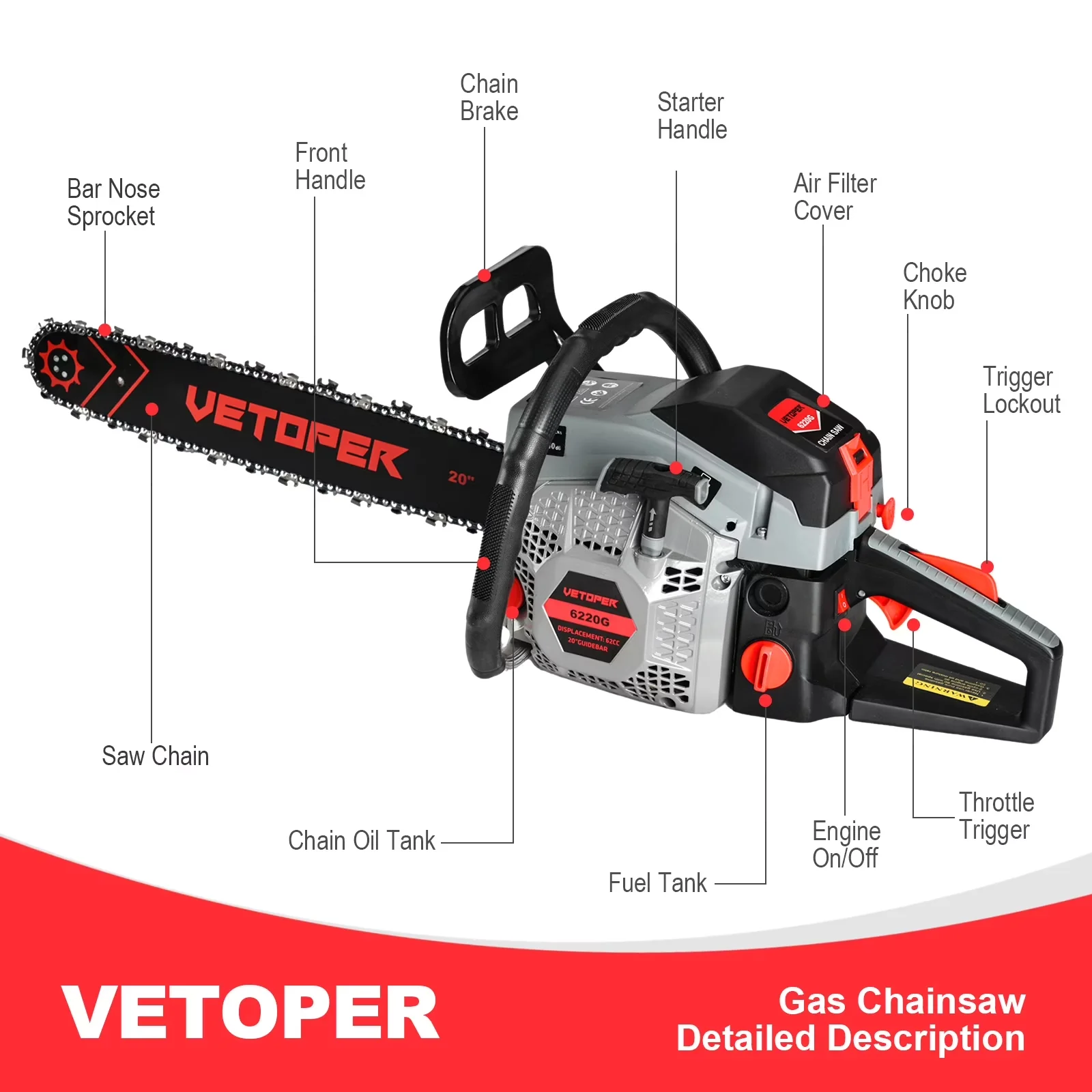 Sleek Chainsaw with Chain Brake, Quick and easy chain adjustment. - Black Model 45C5B3