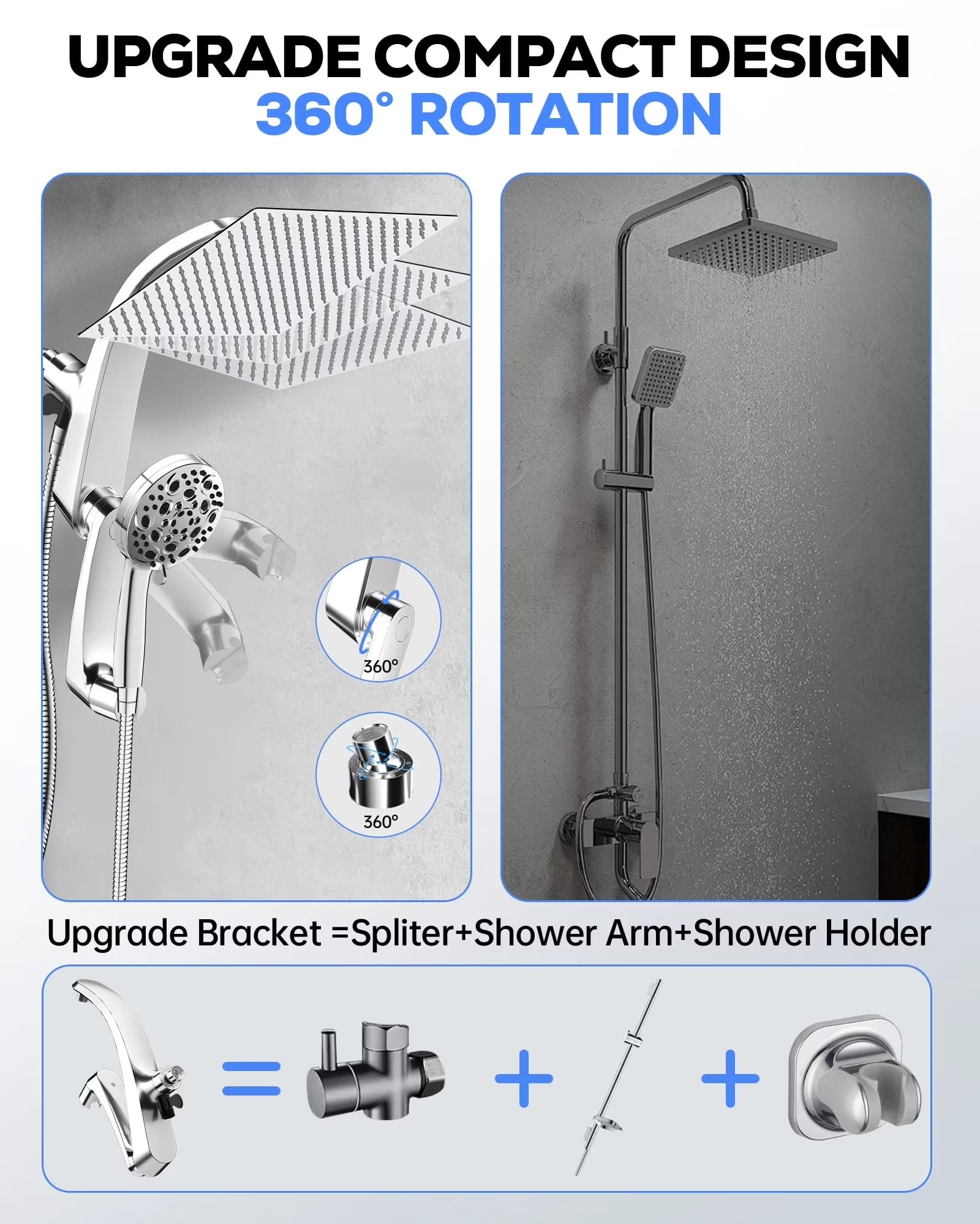 Sleek Shower Head with 360 Degree Swivel, New, 360° Degree Rotating Extension Arm - Stainless Steel Silver Model 87D7C7