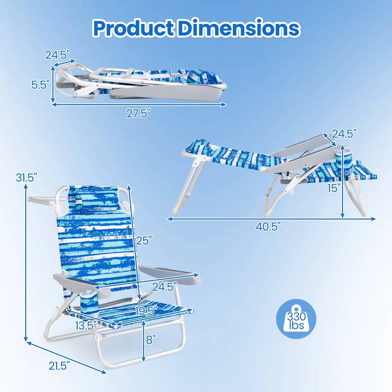 Versatile Beach Chair with Rust Resistant, Waterproof, Folding - Blue 2 Pack Model BCC6F1