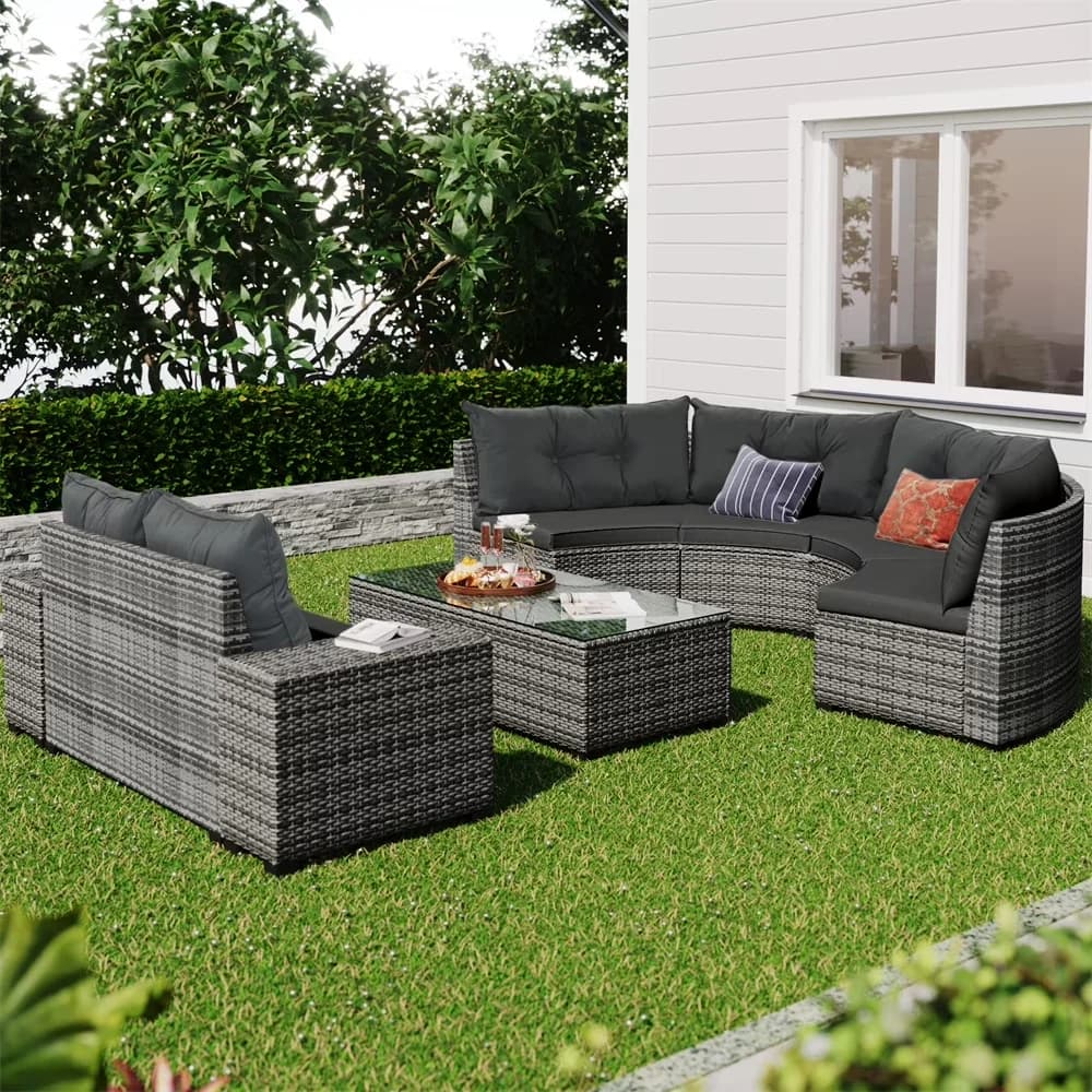 Premium Patio Conversation Set with Rectangular Coffee Table, 8 Pieces Outdoor Wicker Round Furniture - Pe Rattan+Steel+Plastic... Model 7A95CA