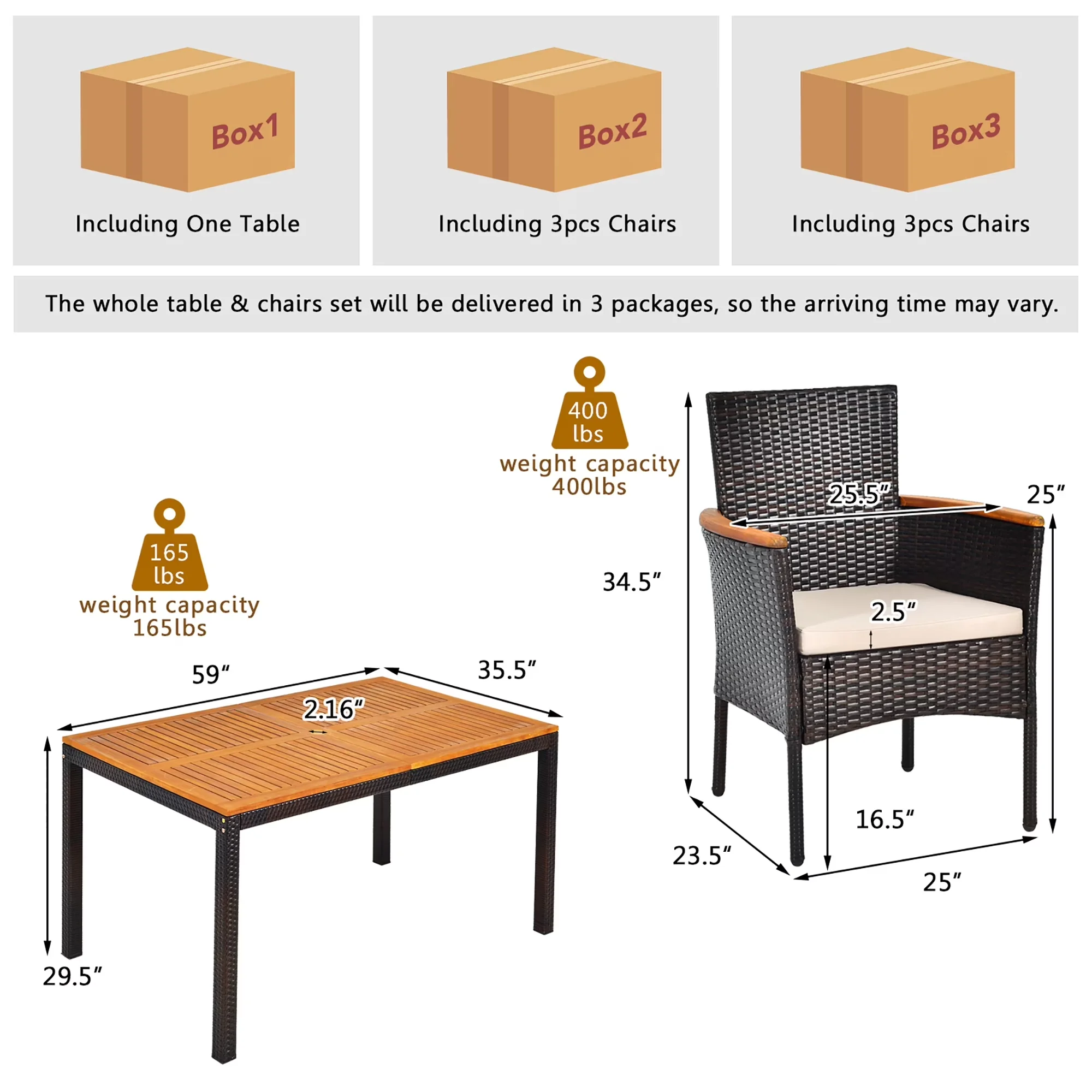 Durable Patio Dining Set with Modern - Brown Acacia Wood, Rattan, Steel, Sponge, Fabric Model B3F380