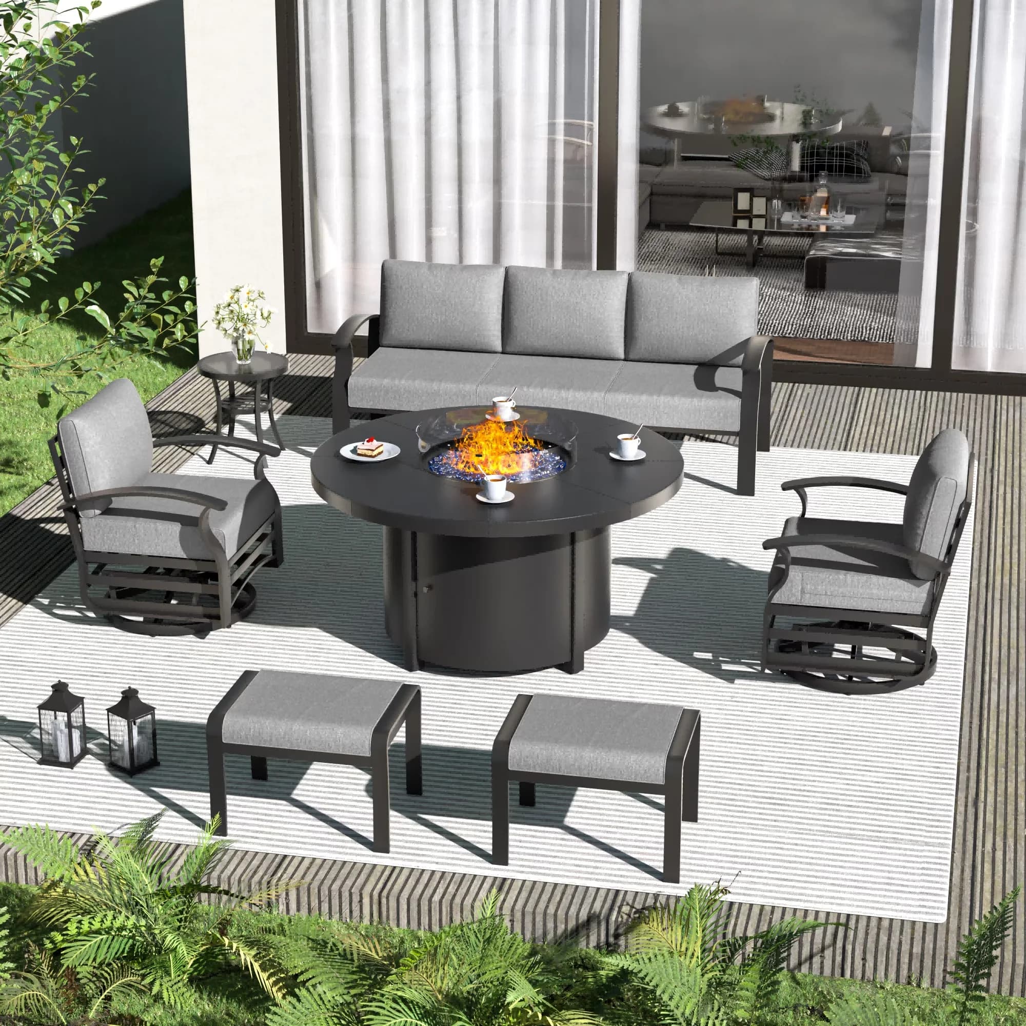 Patio Conversation Set Compact with Weatherproof, Reclining, Swivel Chairs - Aluminum Gray Model 5E6F36