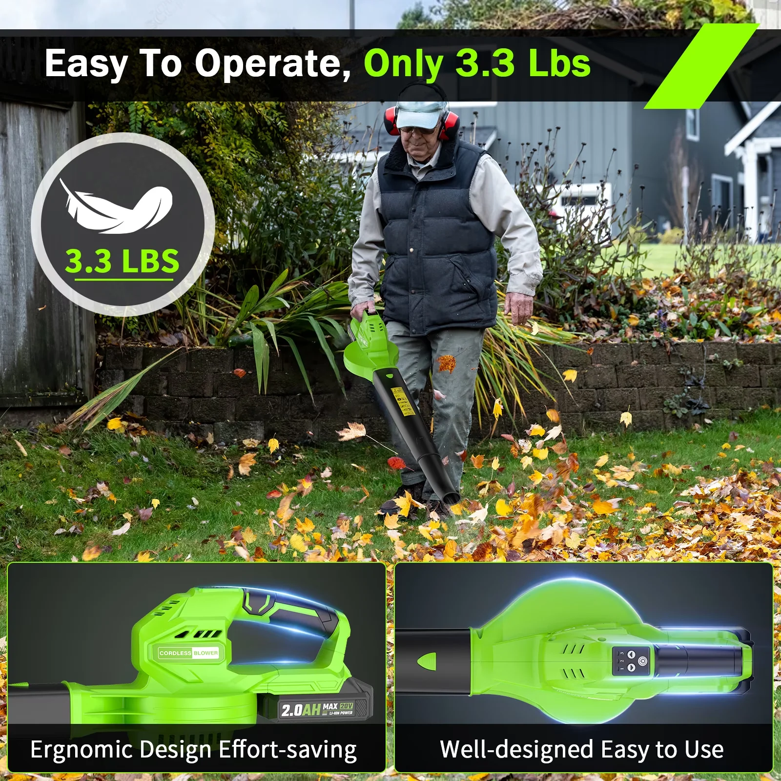 Stylish Leaf Blower with Battery, 20V, Lightweight Battery Powered Blowers - Model 4DC60E