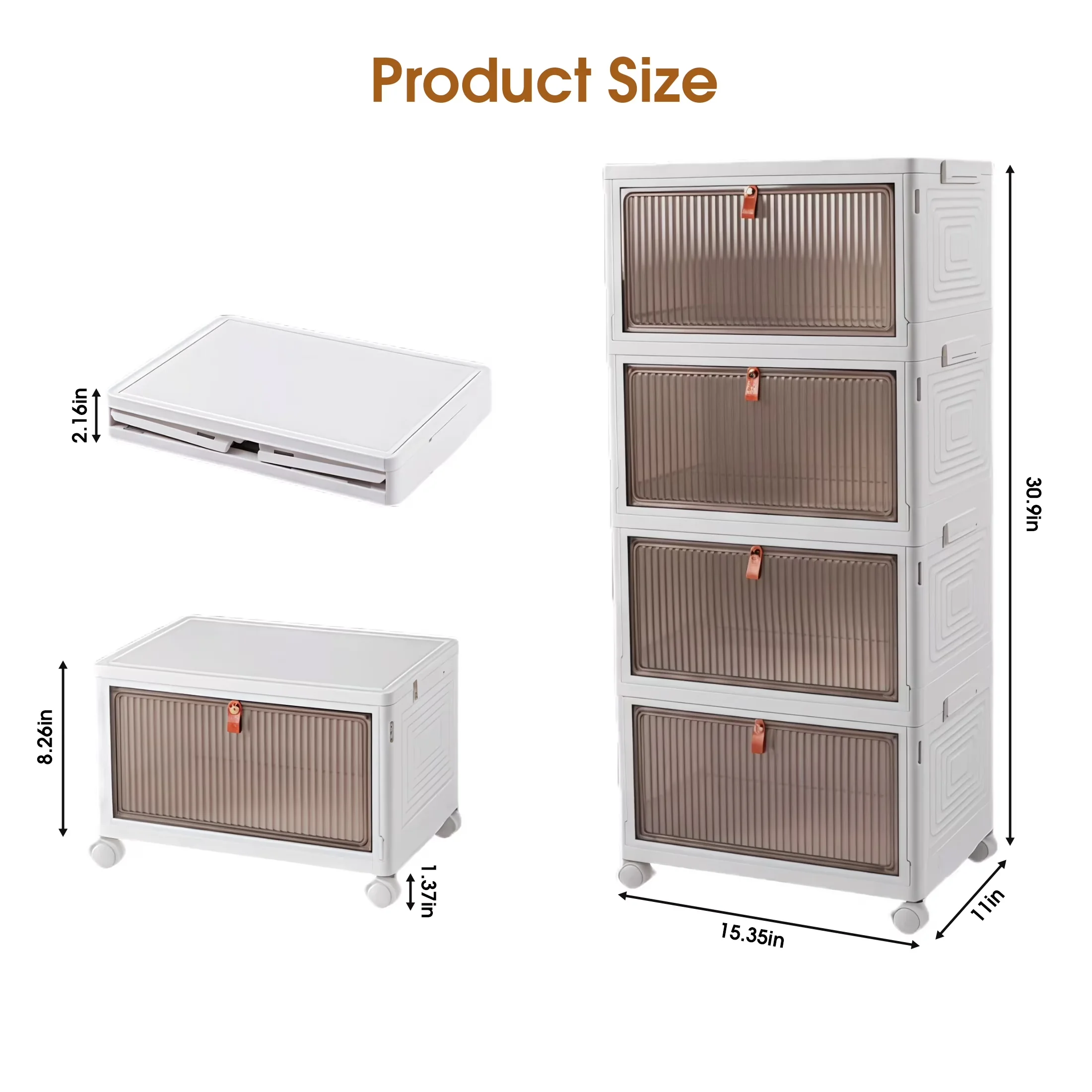Garage Storage Supply Durable with Stackable, Lids and Wheels, 4 Tier Folding Box - White Pp for Living Room, Office Model 790D04