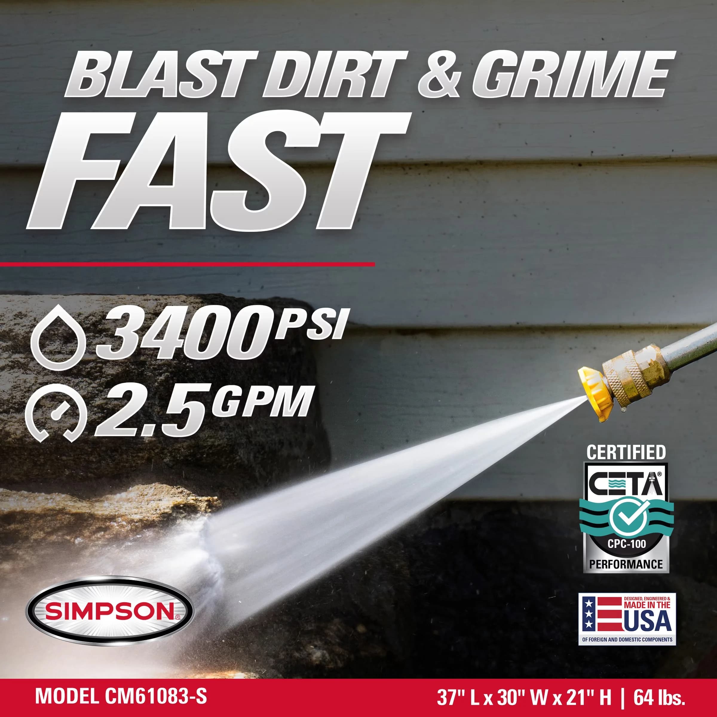 Premium Pressure Washer with Quick Connect Tips, 2.5 GPM OEM Technologies Axial Cam Pump, Clean Machine 3400 PSI Gas - Model 94251D