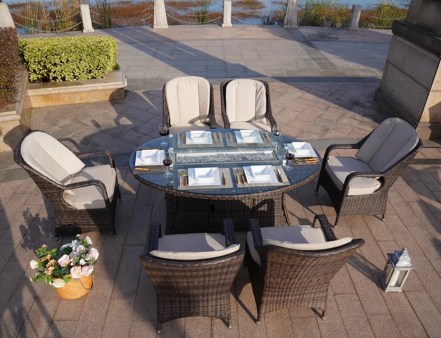 Essential Patio Dining Set with Brown, 50,000 BTU burner with pre-attached Hose, Stainless steel fire bowl and burner - Brown Wicker... Model 1E5F63