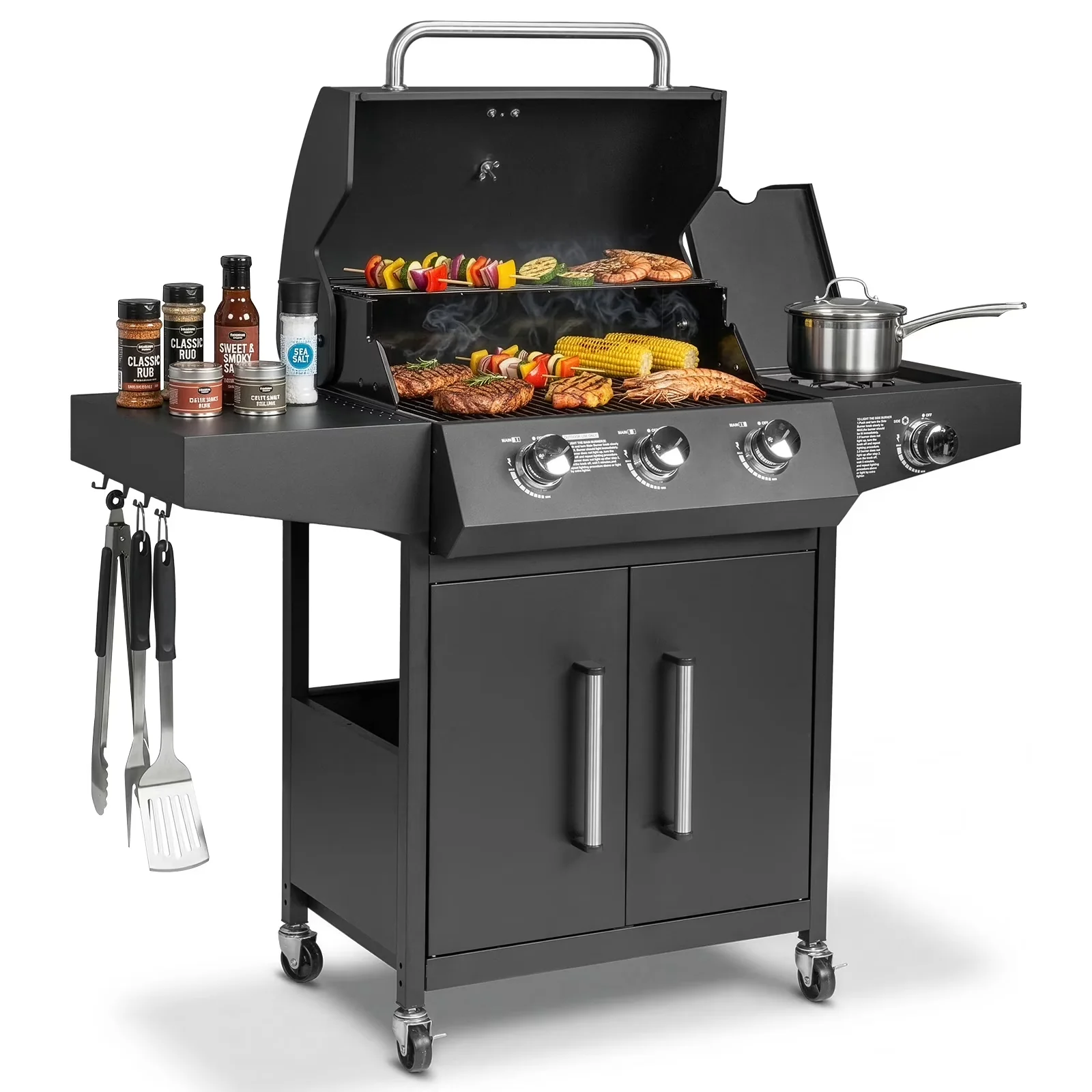 Essential Gas Grill with 46000 BTU, Portable, 3 Burner Propane Stove 46000 BTU - Black Steel Model 550839