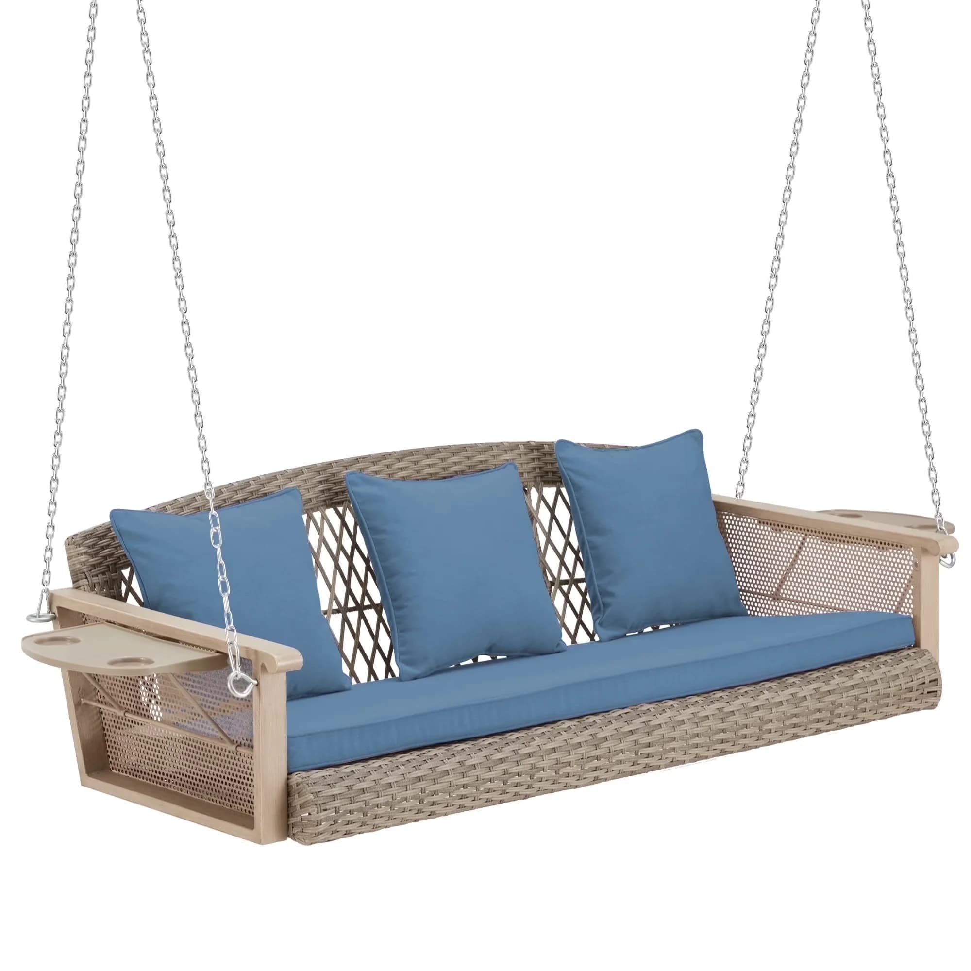 Durable Patio Chair with Cushions and Cupholders - Blue Wicker for Garden Model 6E96B6